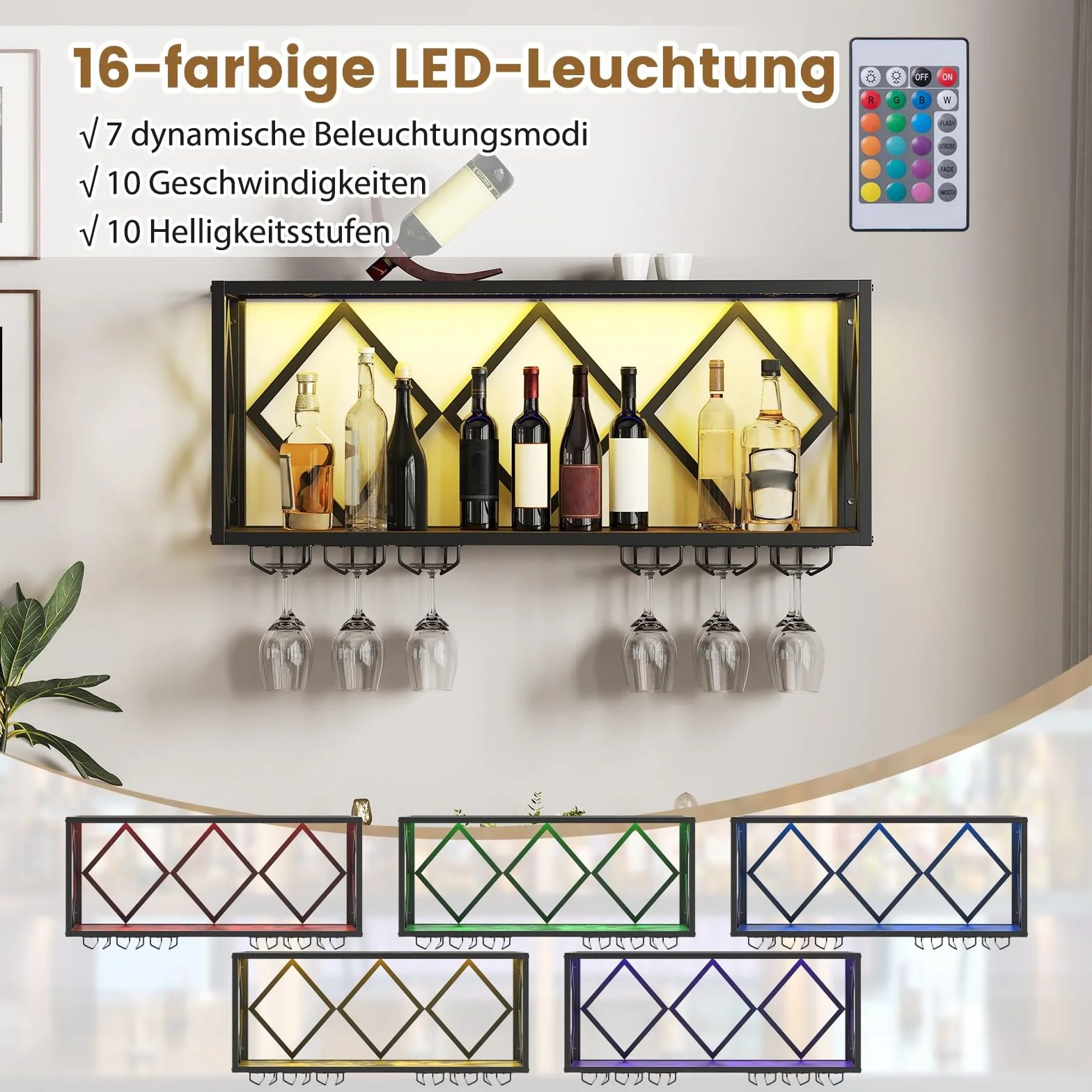 COSTWAY Regał na wino ścienny z oświetleniem LED, 2-poziomowy regał na butelki drewniany z metalowym rama, z 6 rzędami uchwytów na kieliszki do wina, design industrialny, idealny do domu, baru, kuchni