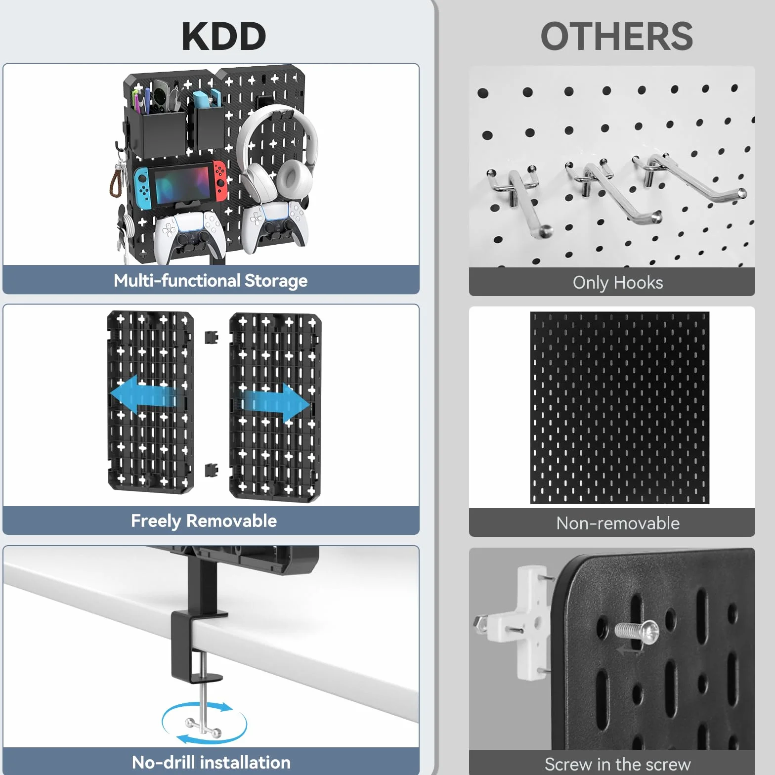 KDD Pegboard biurkowy 7 w 1 – bez wiercenia, tablica wtykowa do zaciskania z uchwytem na telefon komórkowy/długopis/uchwyt na słuchawki i kontroler/hakiem, zdejmowana płytka perforowana do warsztatu