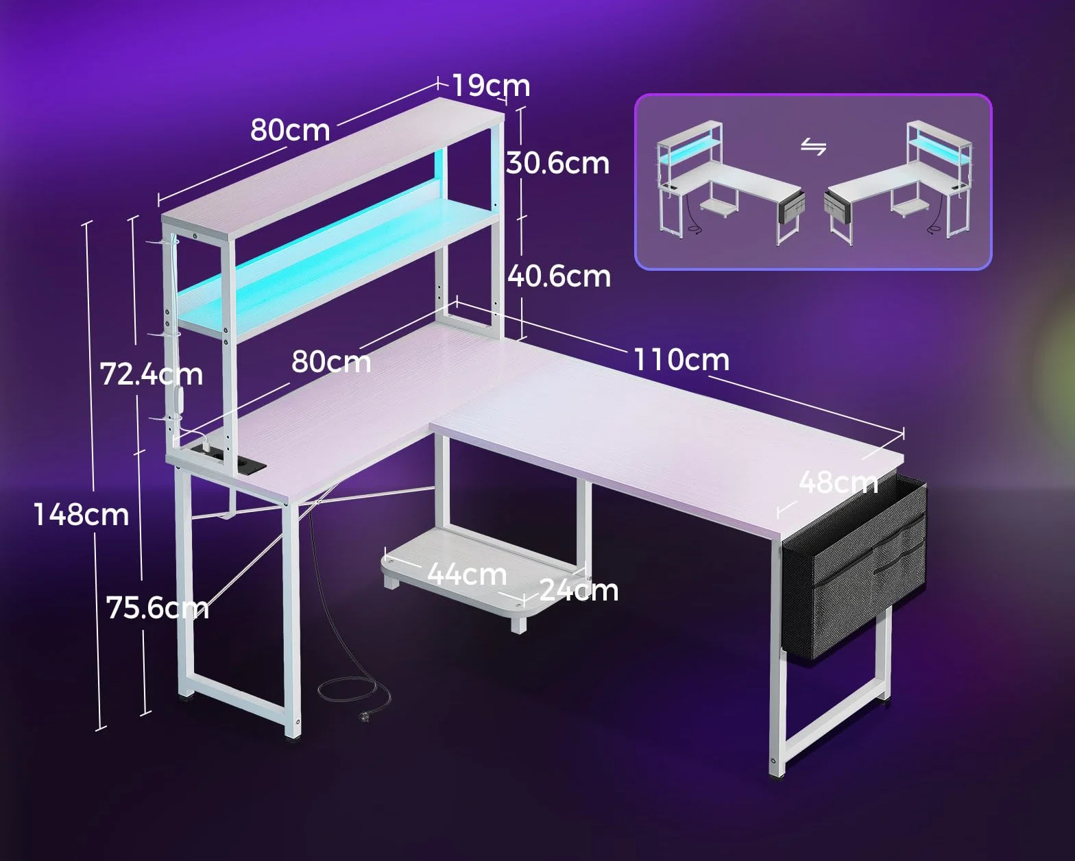 Coleshome Stolik gamingowy w kształcie litery L z LED i gniazdami elektrycznymi, 110 × 80 cm Odwracalny stolik gamingowy z półkami do przechowywania, narożne biurko z torbą do przechowywania do