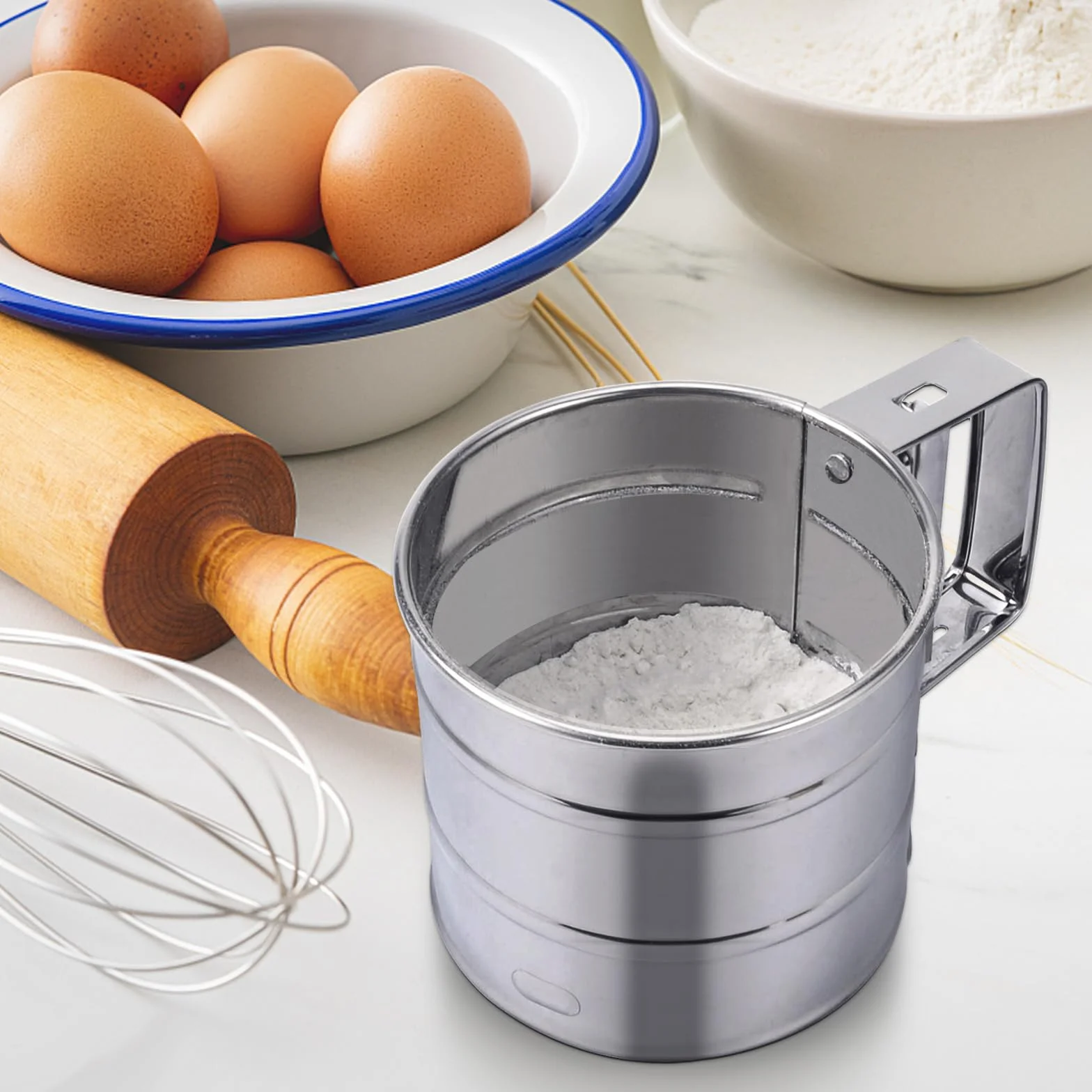 MumdoYAL sito do mąki, przesiewacz do cukru pudru, młynek do cukru pudru, jednoręczny filtr, ze stali nierdzewnej, pojemność 250 gramów