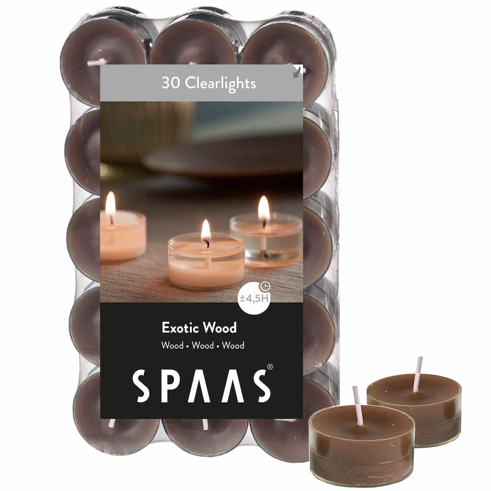 Spaas 30 Scented Clearlights, Tealights in Transparent Clear Cup, ± 4.5 Hours, Exotic Wood