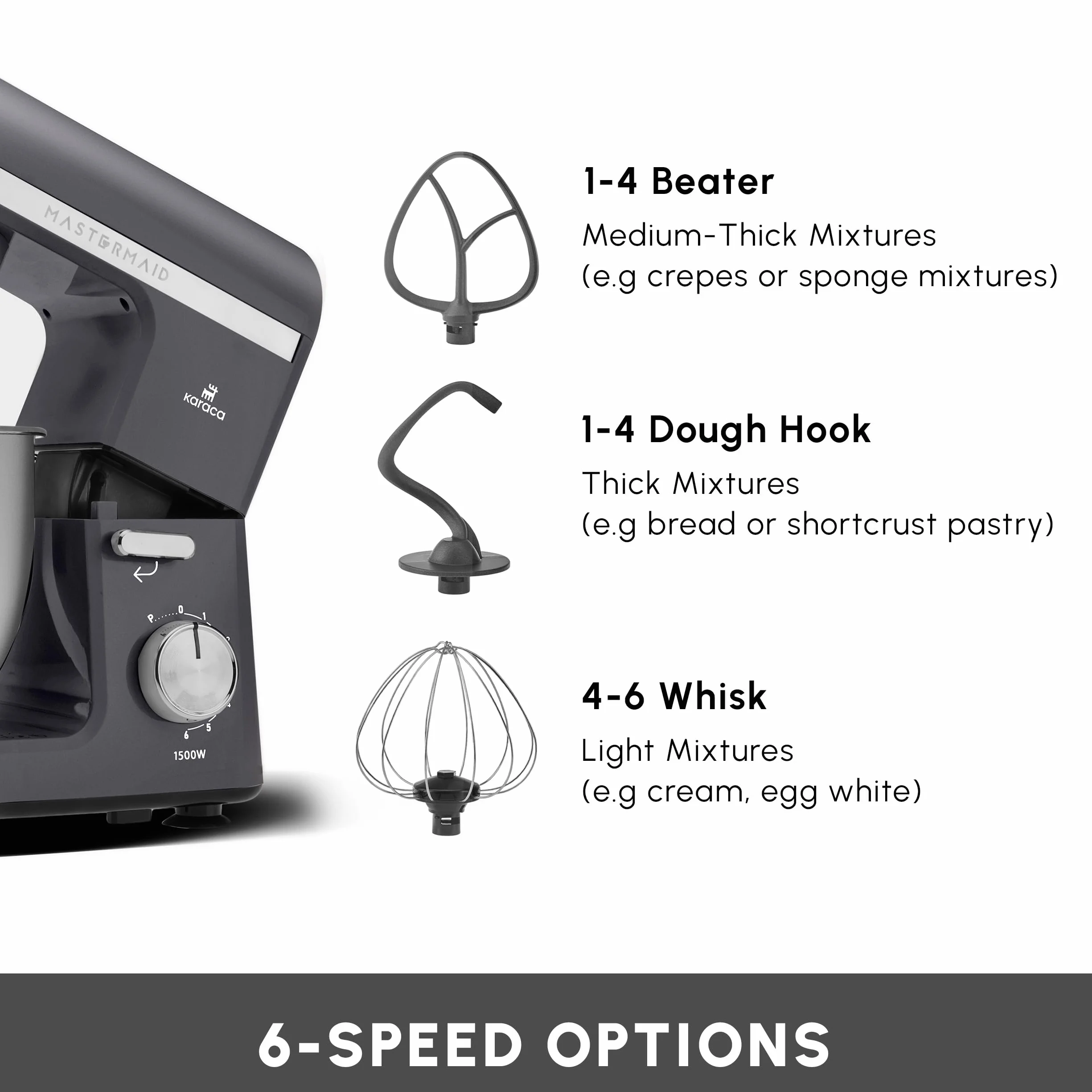 Karaca Mastermaid Chef Pro kuchenka dwuramieniowa, 1500 W, gwiezdna szarość, 1500 W, mikser 5 l, mikser kuchenny, regulacja prędkości, hak do ugniatania, ubijanie,