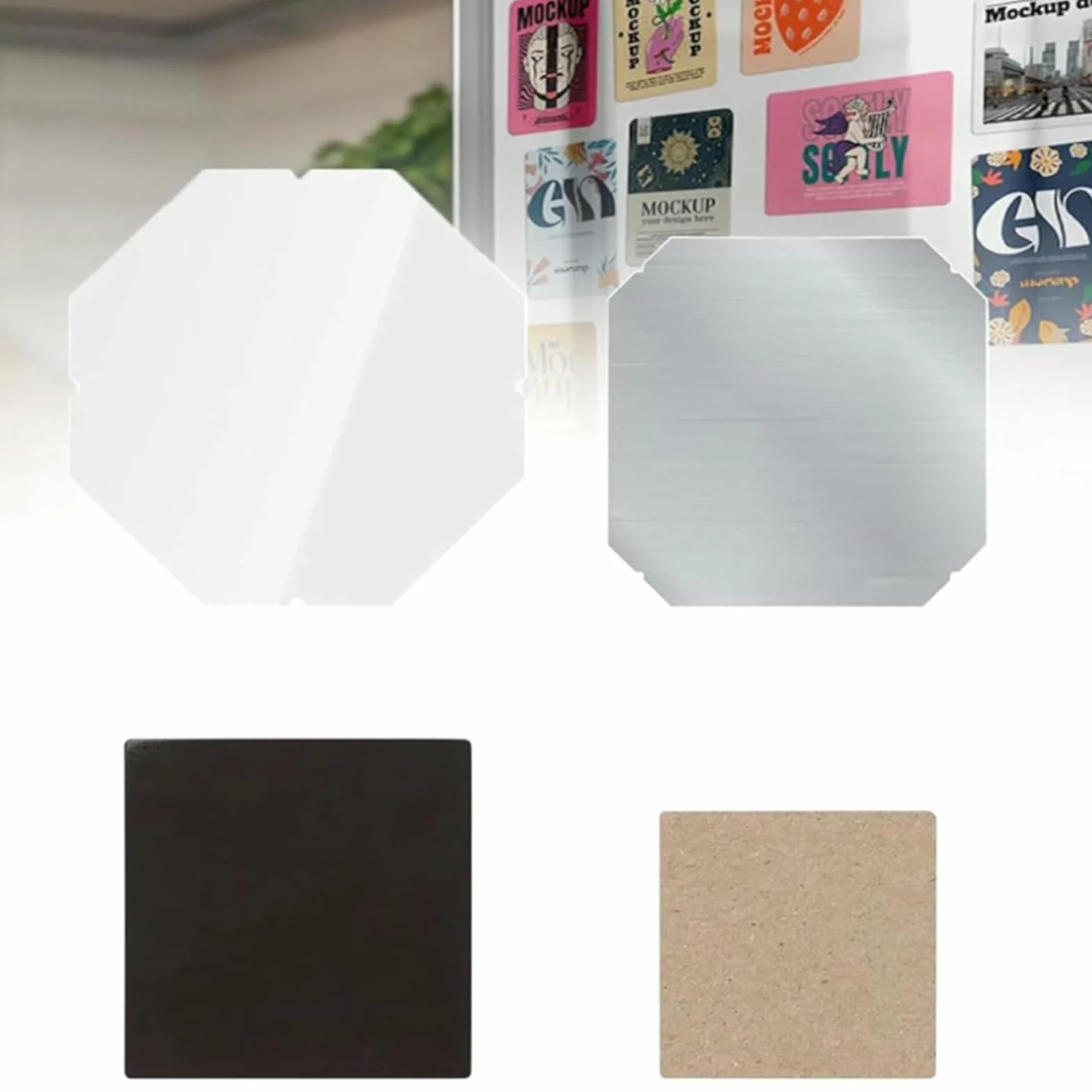 Materiały do produkcji magnesów na lodówkę, zawiera przezroczystą folię, metalową powłokę, magnes, karton, komponenty magnesów fotograficznych, 500 zestawów, 80 mm x 80 mm