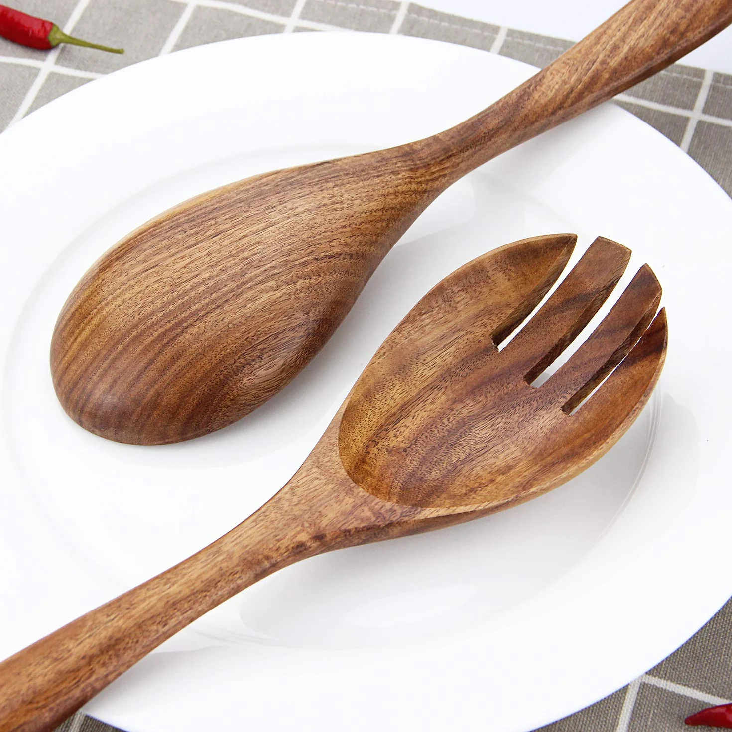 AOOSY 2 sztuki drewnianych serwerów do sałatek, 25 cm drewniane łyżki do serwowania, zestaw do mieszania sałatek, widelec obiadowy i łyżka, długi uchwyt, szczypce do sałatek, przybory kuchenne, zestaw