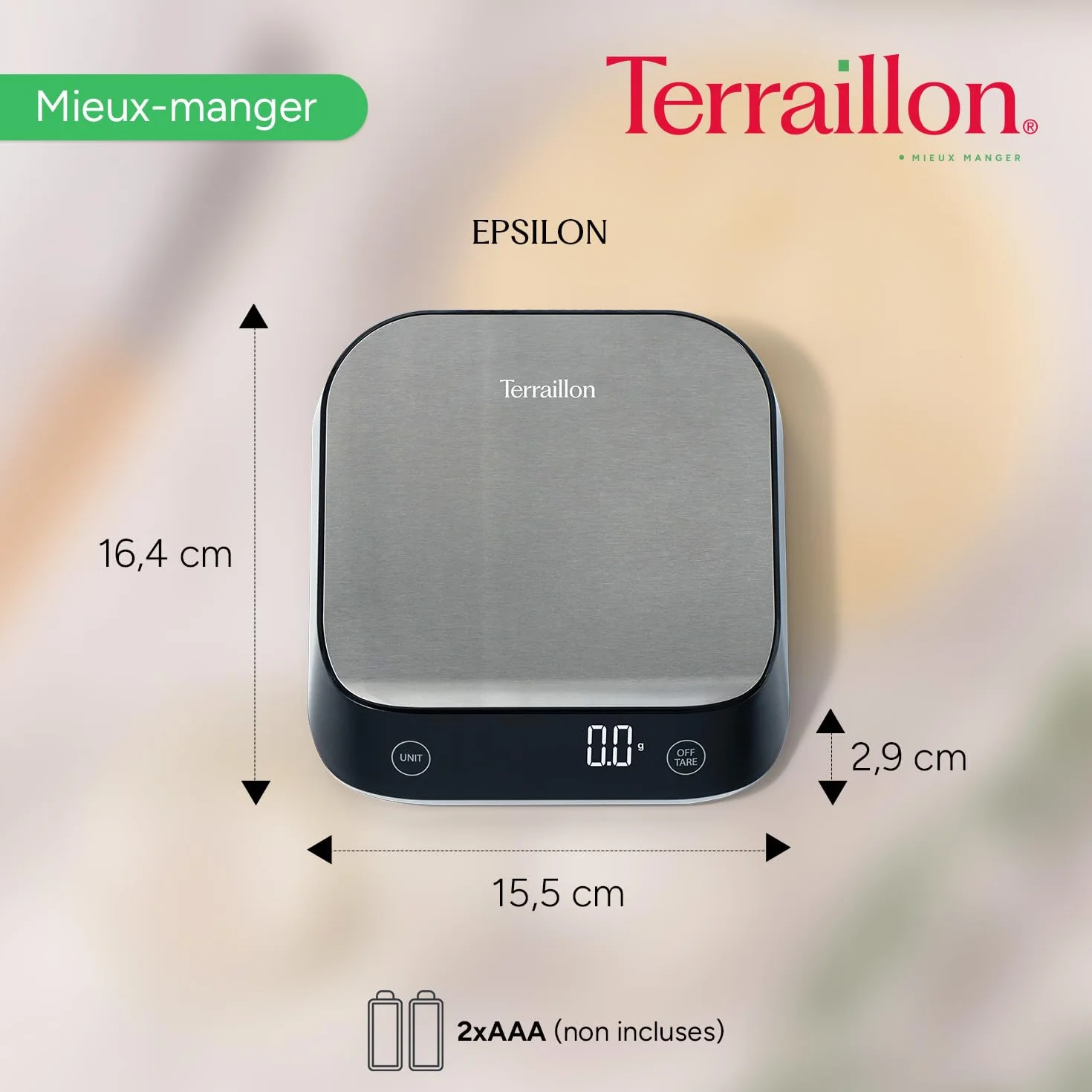 TERRAILLON - EPSILON - Precyzyjna elektroniczna waga kuchenna, kompaktowa, pojemność 5 kg, dynamiczna podziałka 0,1g-0,5g-1g, podświetlany wyświetlacz LCD, stal nierdzewna