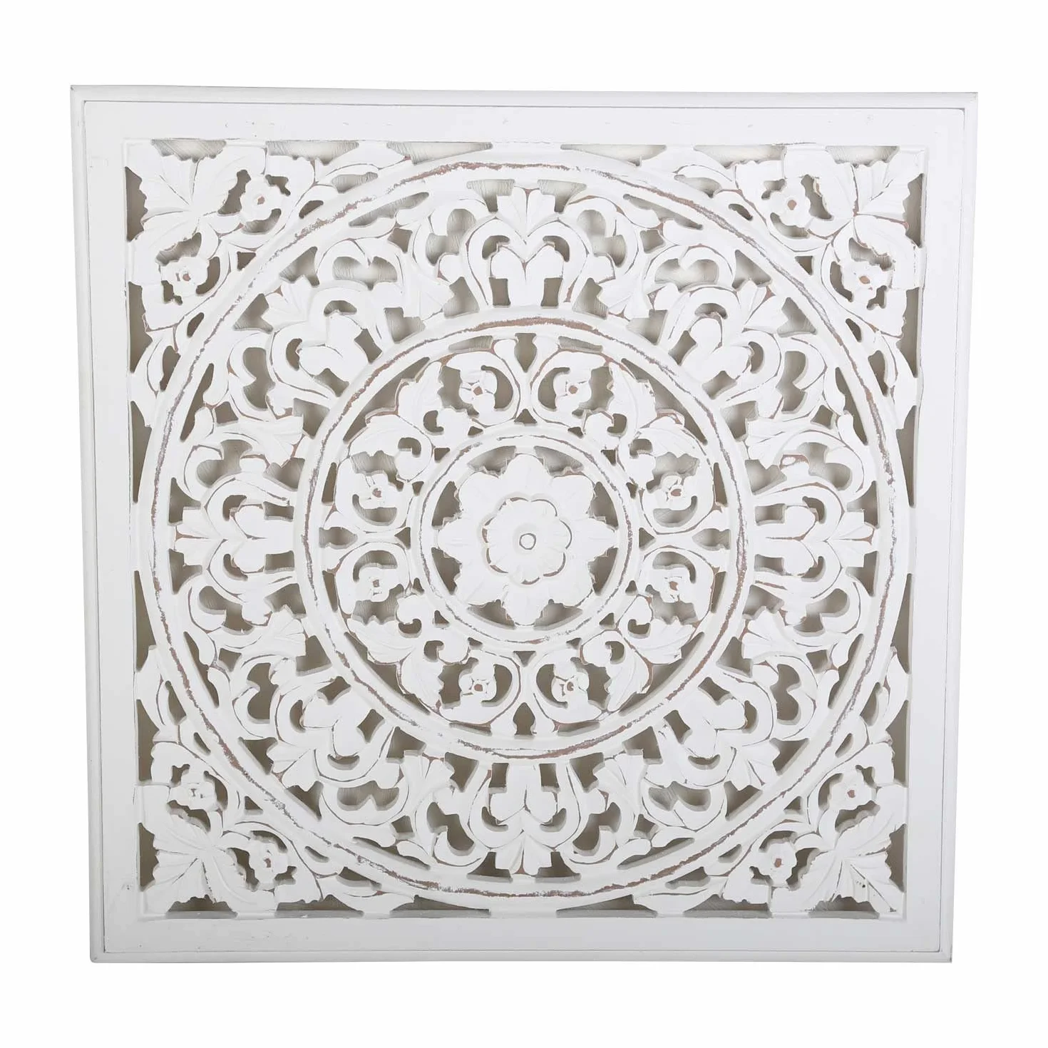 Casa Moro orientalny obraz ścienny z drewna, mandala Nasha 55 x 55 cm, shabby chic biały, rzemiosło artystyczne, ręcznie rzeźbiona dekoracja ścienna do zawieszenia i postawienia jako MD1090
