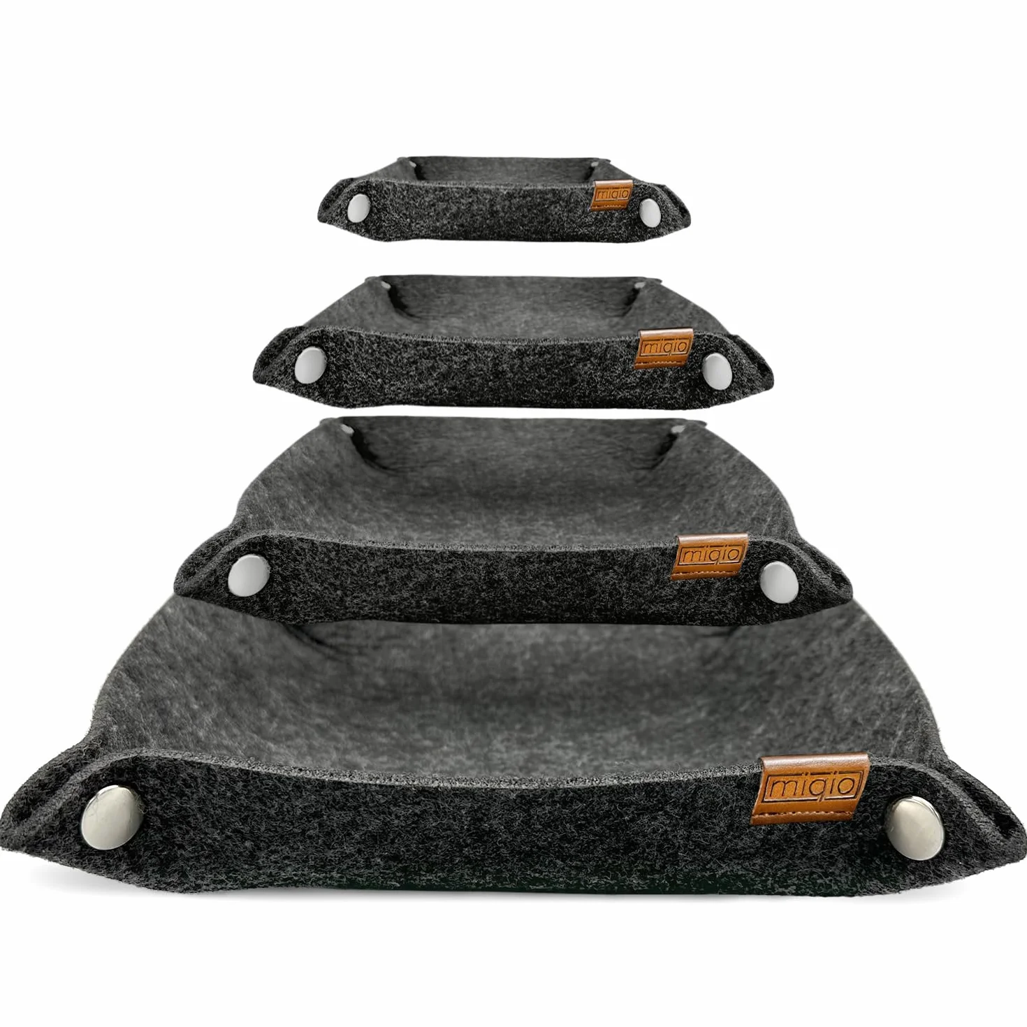 MIQIO® Designerskie miseczki filcowe premium z zatrzaskami – zestaw 3 + 1 – kwadratowy kosz do przechowywania listów, kluczy, smartfona – składana miska na przybory – ciemnoszare