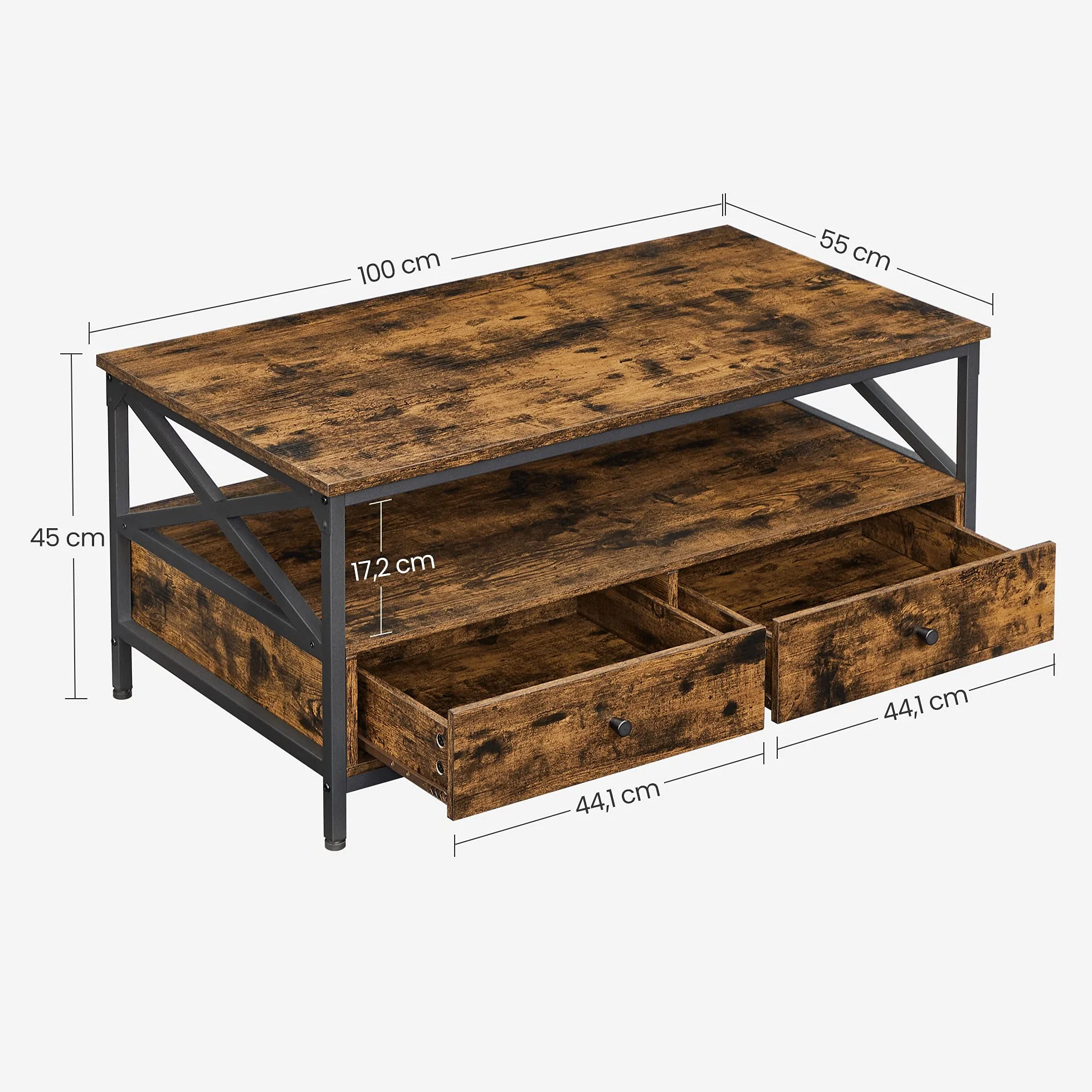 VASAGLE stolik kawowy, stolik do salonu, stolik pod kanapę, do salonu, z szufladami, listwy w kształcie litery X, otwarta półka, design przemysłowy, rocznik brązowo-czarny LCT201B01