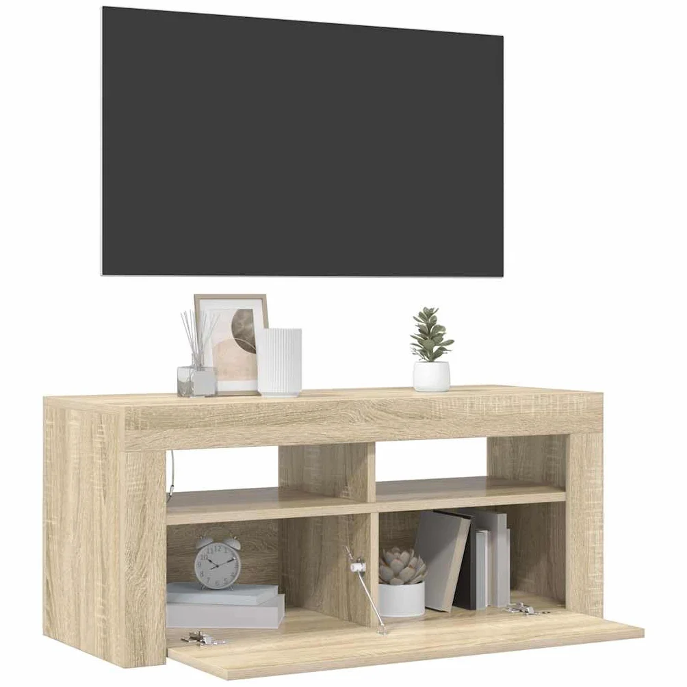 Szafka pod telewizor z diodami LED, dąb Sonoma 90 x 35 x 40 cm, nowoczesna szafka pod telewizor, wytrzymała uniwersalna podstawka pod telewizor, konsola multimedialna do salonu