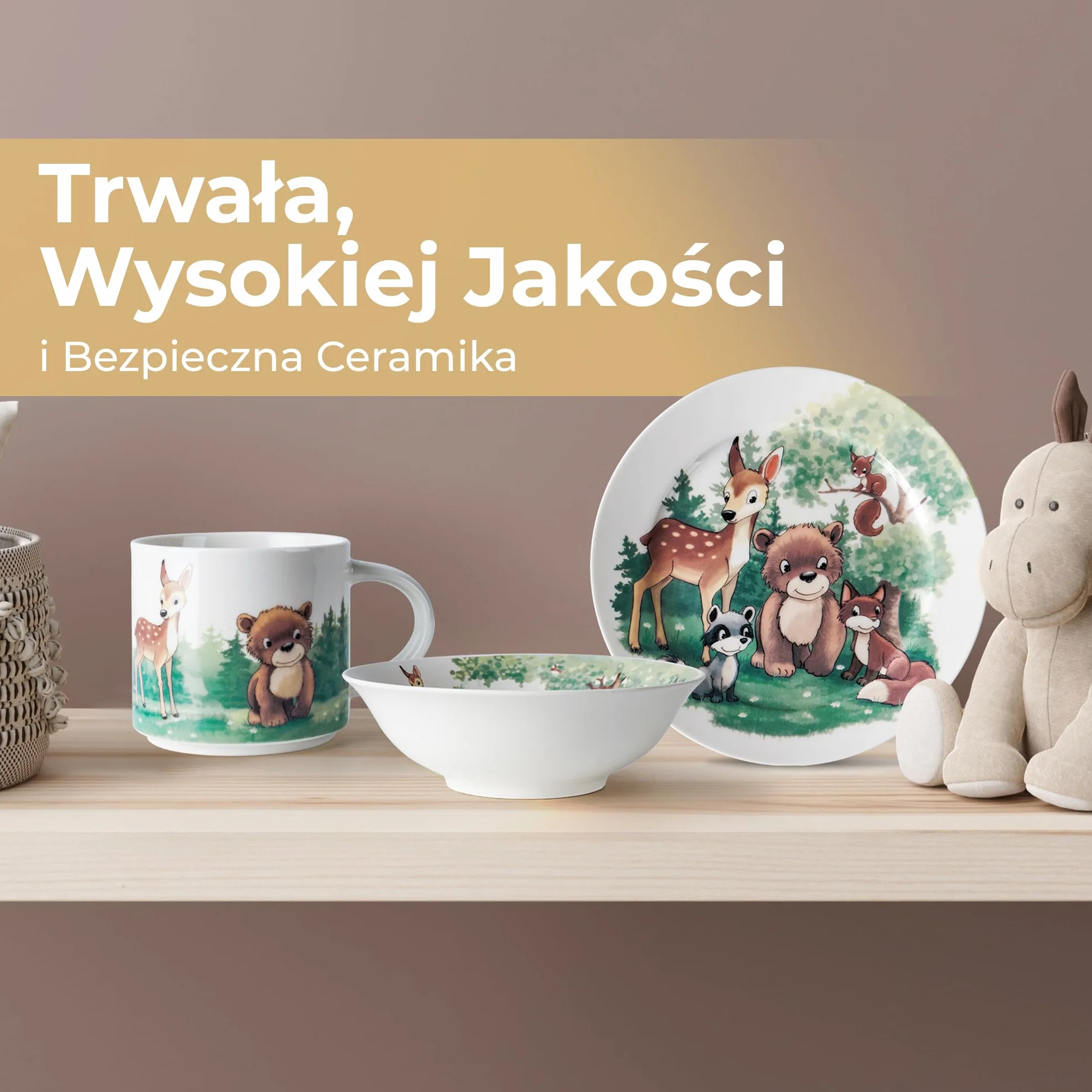 MIAMIO - Porzellan Zestaw Naczyń dla Dzieci - Talerz, Miska i Kubek (Las)