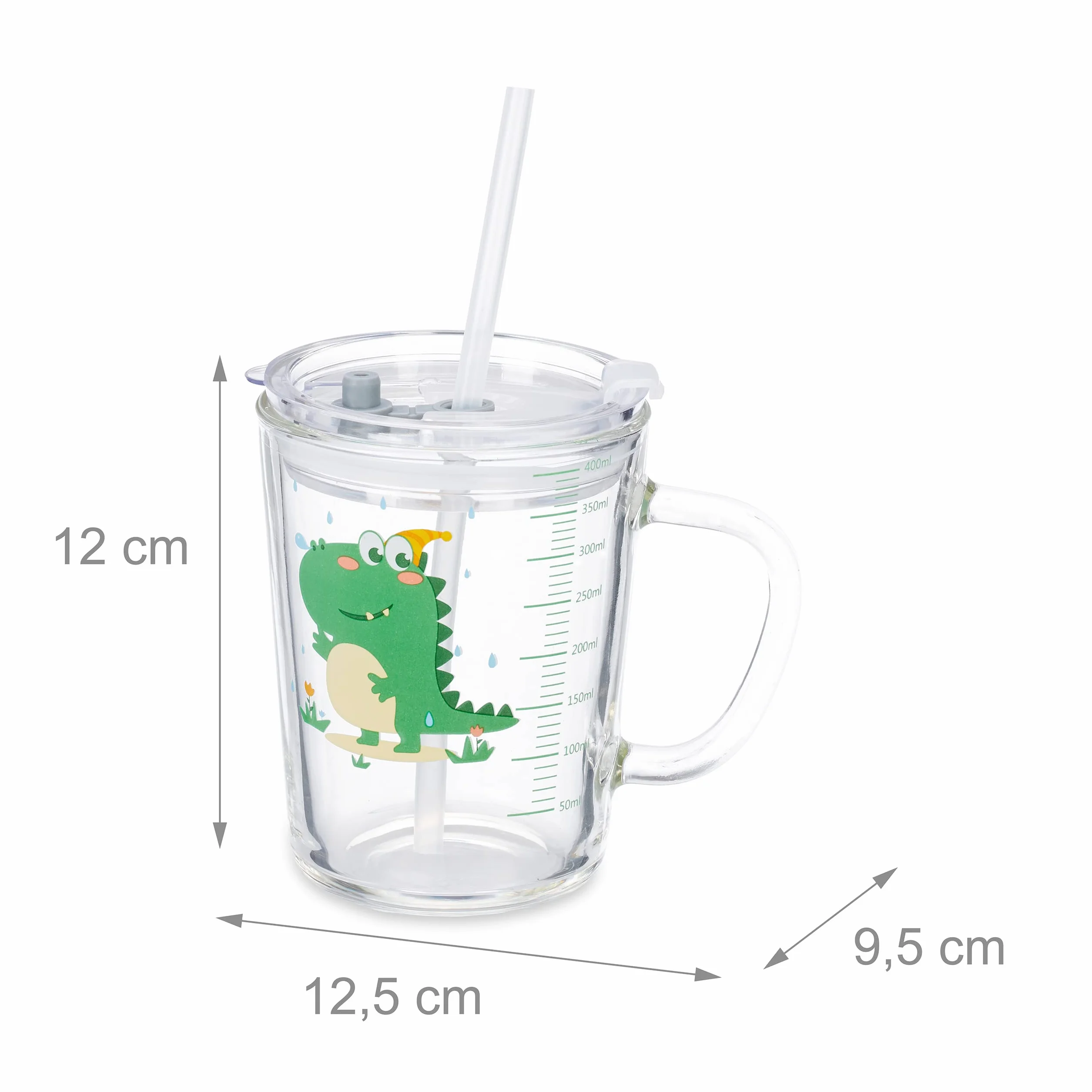 Relaxdays Zestaw 2 szklanek dla dzieci, motyw dinozaura, szklanka do picia dla dzieci, z uchwytem, pokrywką i słomką, skala 400 ml, przezroczyste