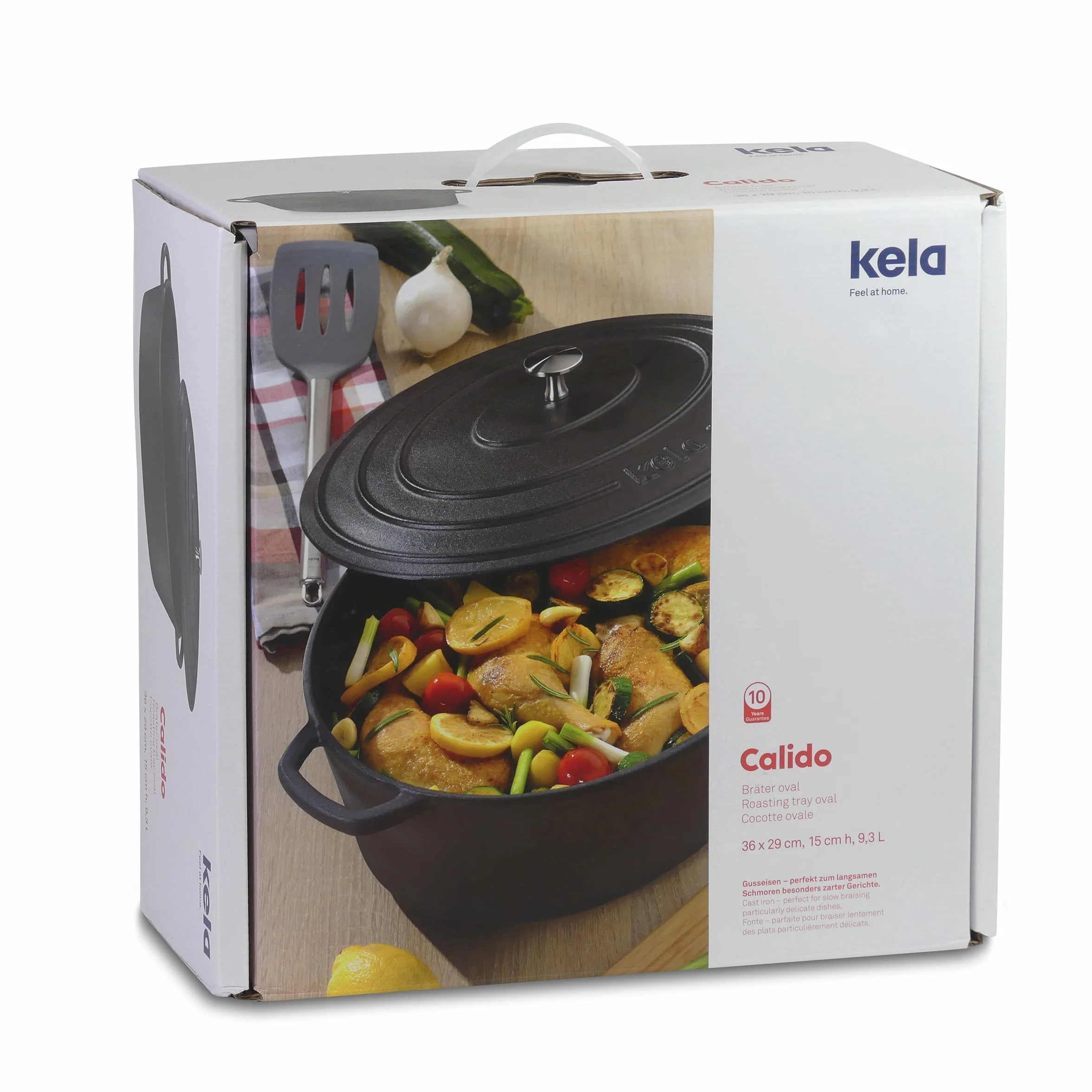 Kela Calido 12474 Brytfanna z Pokrywką, Żeliwo, Powłoka Emaliowana, Wysoka Akumulacja Ciepła, Nadaje Się do Płyt Indukcyjnych, 9,5 L, Czarny, Owalny, Calido