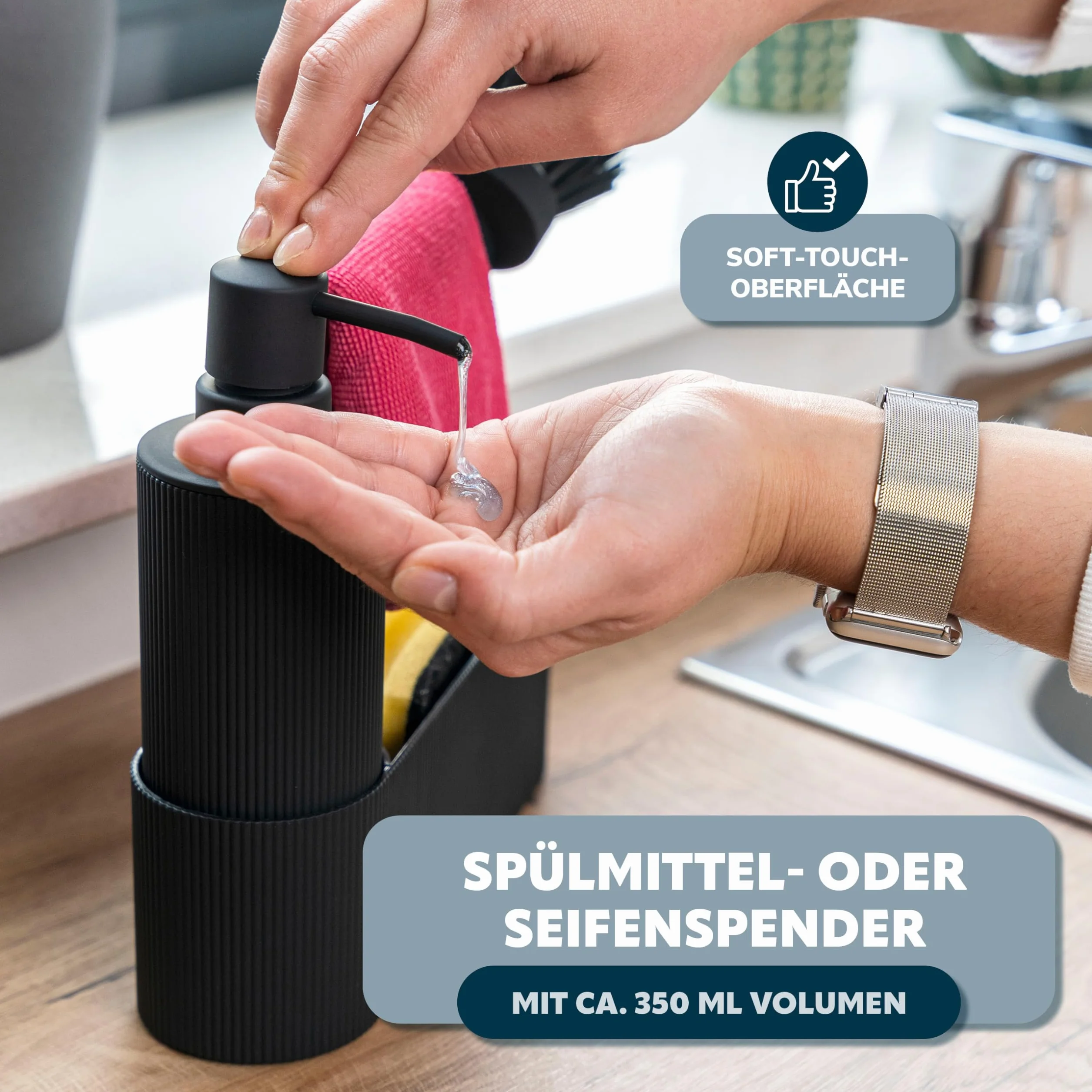eluno Zestaw 2 szt. składający się z organizera do zlewu z powierzchnią Soft-Touch i maty do ociekania wraz z ociekaczem na 9 talerzy, zestaw do mycia naczyń z dozownikiem mydła o pojemności 350 ml