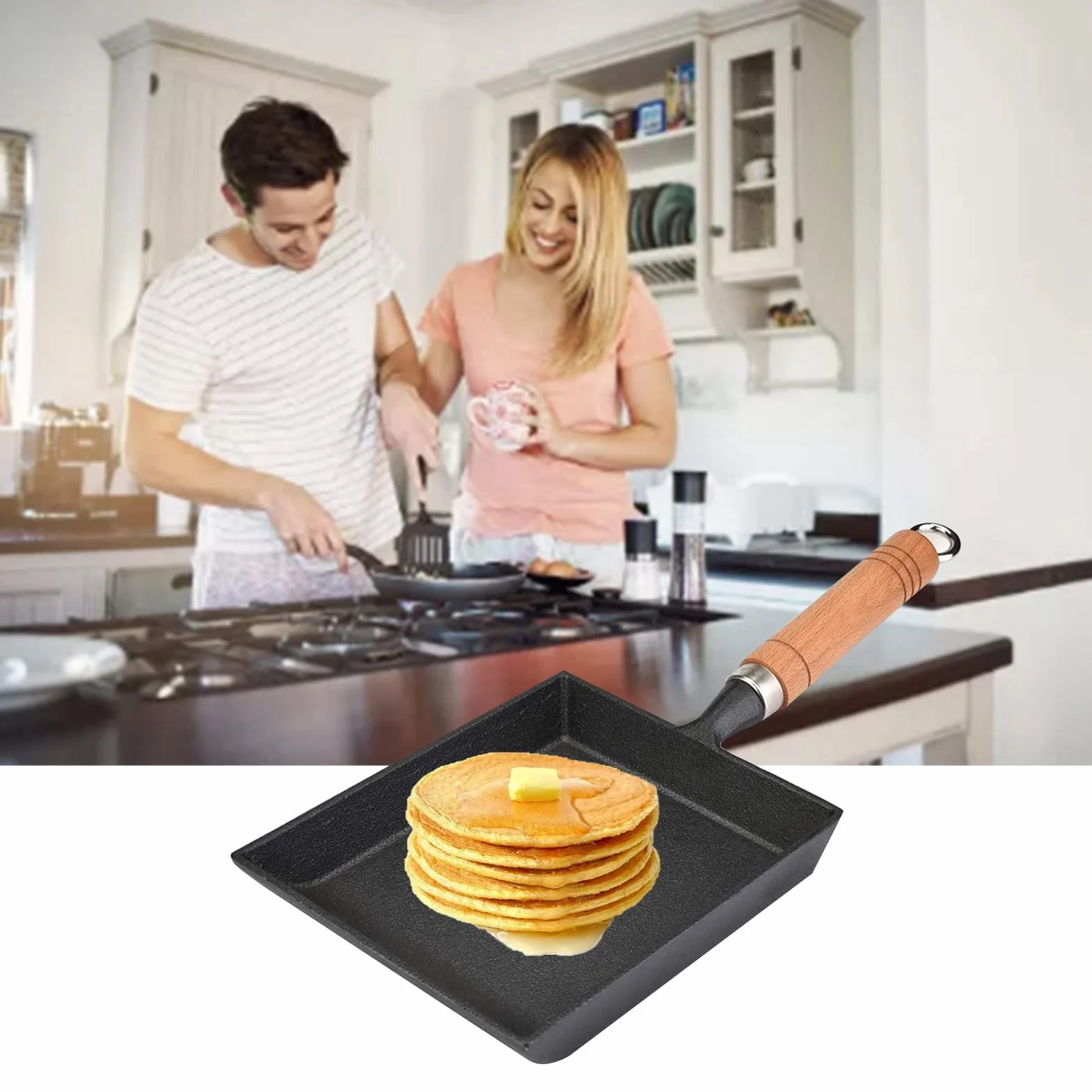 Tamagoyaki Patelnia żelazna Japońska Patelnia Jaja Prostokąt Miski Miski Japońska Miska do Patelni Drewniana Rączka Tamagoyaki Panecznia na Gazach Gazowych, Halogenowych,