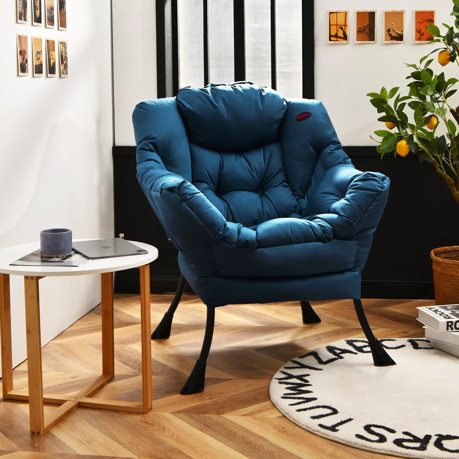 COSTWAY Fotel Tapicerowany Relaksacyjny z Podłokietnikami i Boczną Torebką, Fotel Do Salonu, Sypialni, Biura (Niebieski)