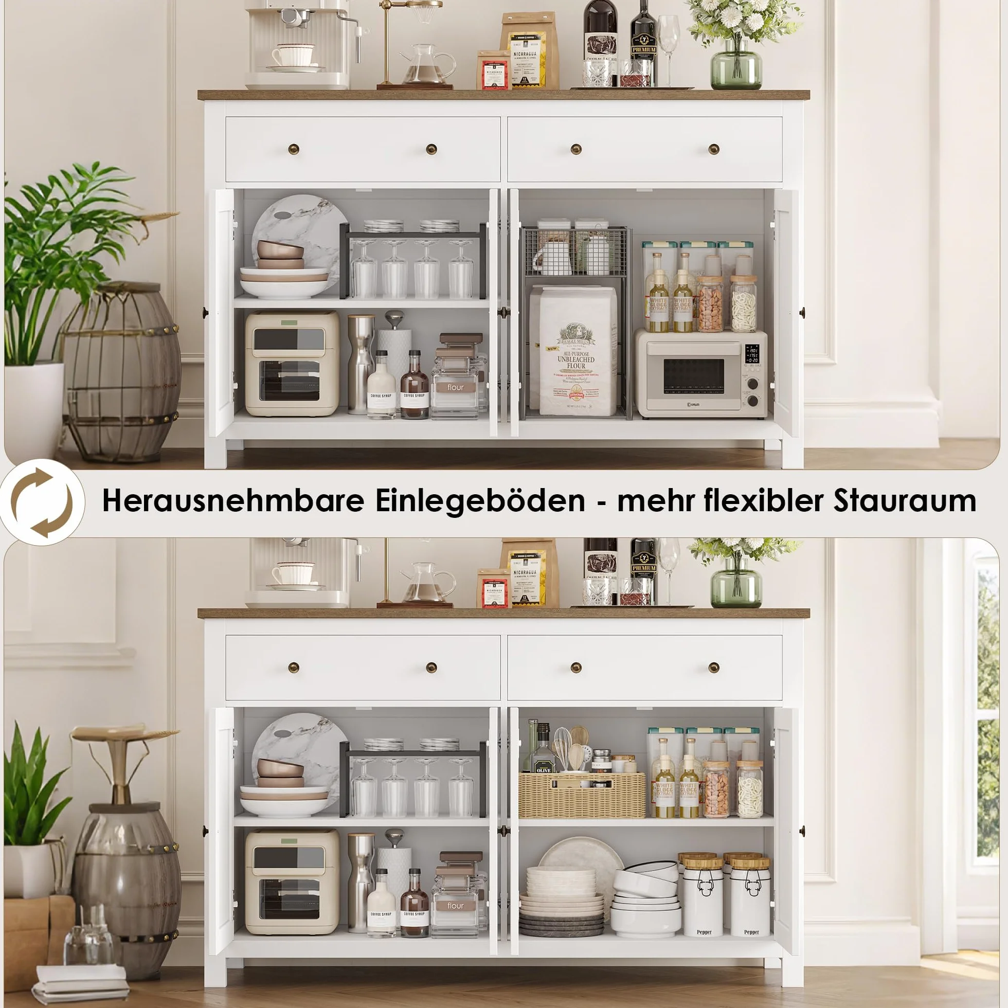 FirFurd kredens biały 140 cm szafka kuchenna z regulowanymi półkami 4 drzwi 2 szuflady 140 x 40 x 89 cm