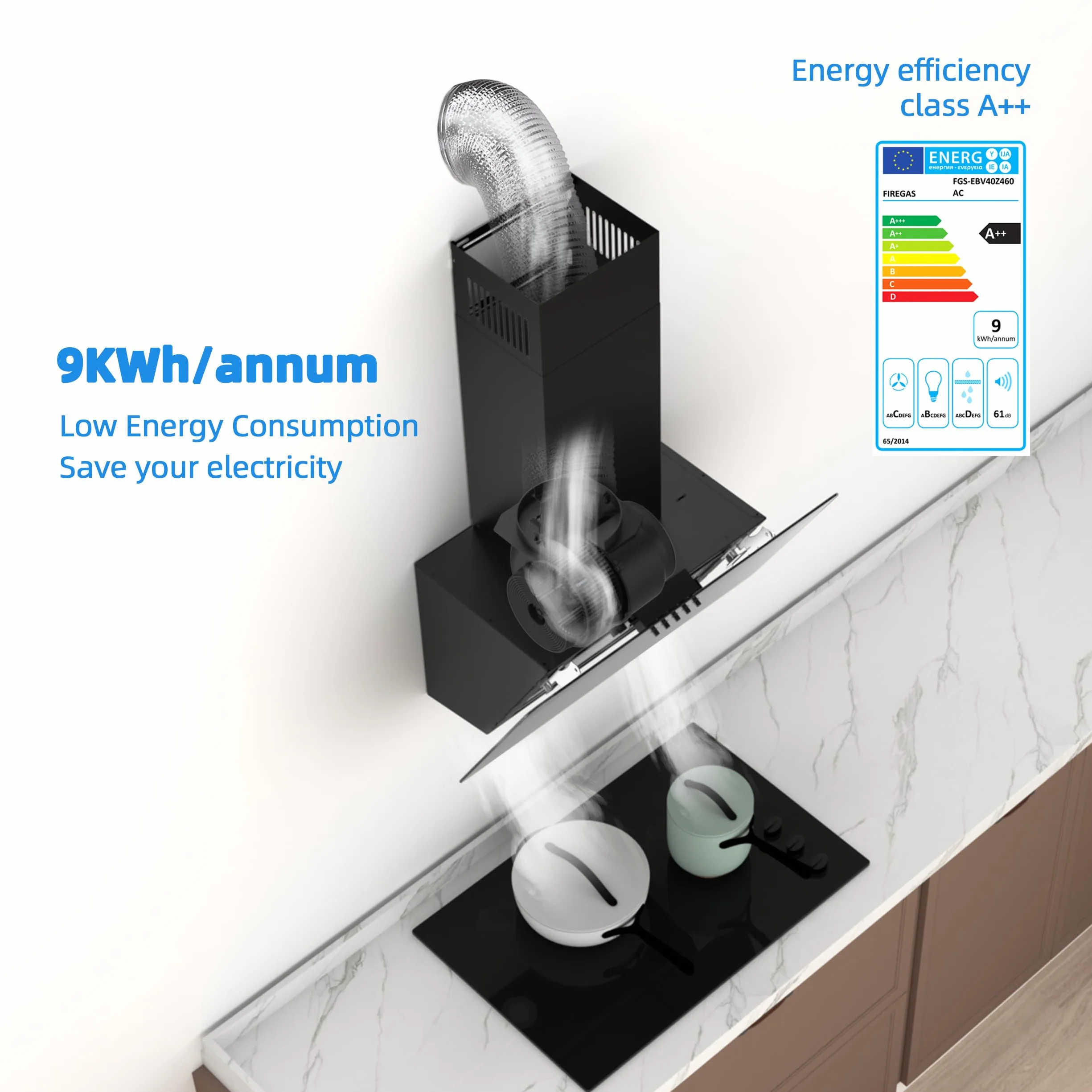 FIREGAS Okap kuchenny 60 cm, z diodami LED, silnik bezszczotkowy, cichy, wydajny okap kuchenny, wydajność A++