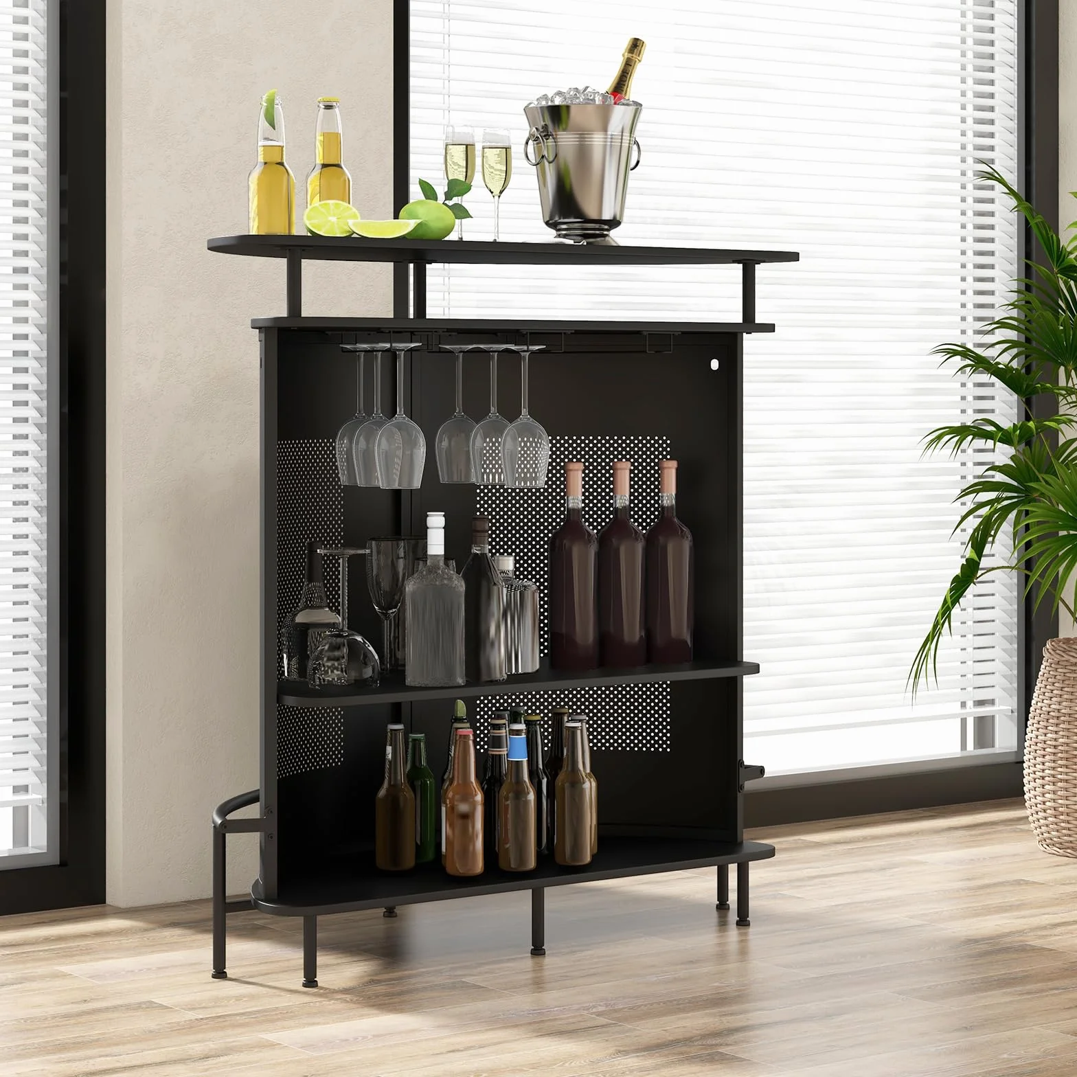 KOMFOTTEU Stolik barowy z otwartym regałem i uchwytami na napoje, stolik na wino, bar z 4 poziomami, blat kuchenny z podnóżkiem, 110,5 x 48 x 112,5 cm (półokrągły)