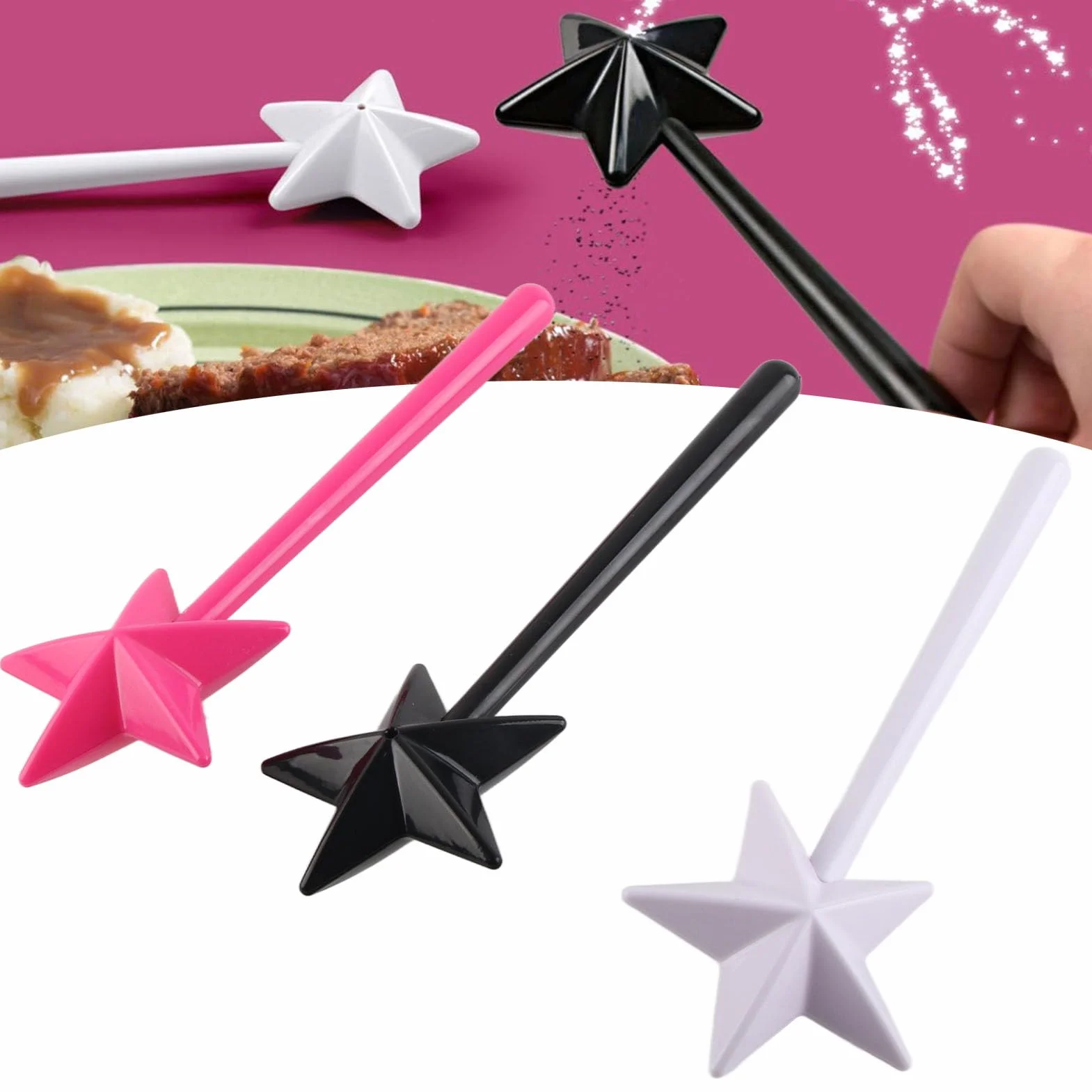3 szt. Magiczna Różdżka Solniczki i Pieprzniczki Różdżka do Różowego Czarnego Białego Accessori Stick Star Śliczny Dozownik Przyprawa Solniczki