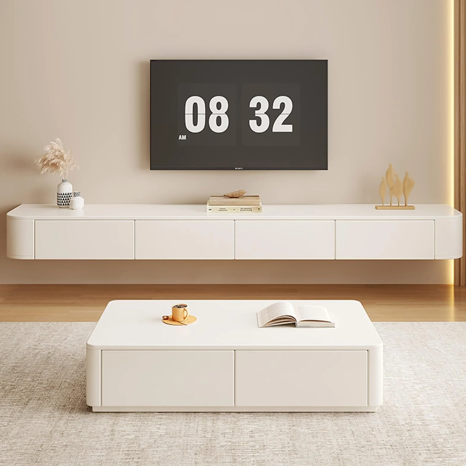 Floating TV Unit Wall Mounted TV Cabinet with 4 Cabinets Wooden Entertainment Media Console Center Large Storage TV Bench White 200cm