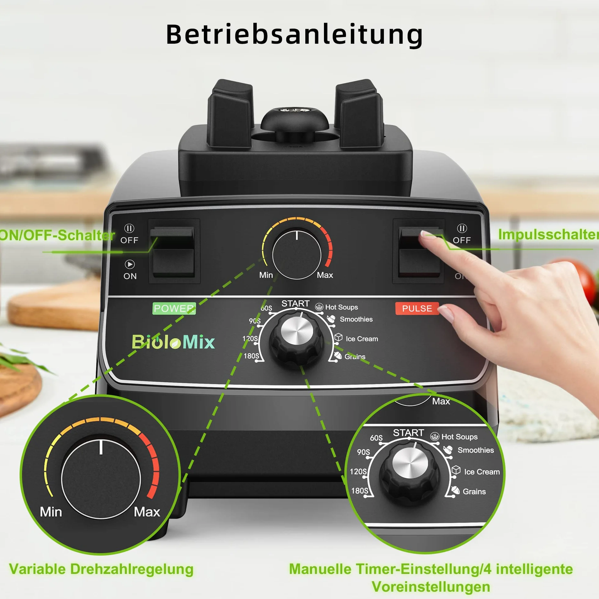 BioloMix Mikser o wysokiej wydajności 2200 W, funkcja samoczyszczenia | mikser stojący pojemnik 2 l i kubek podróżny o pojemności 600 ml, nie zawiera BPA