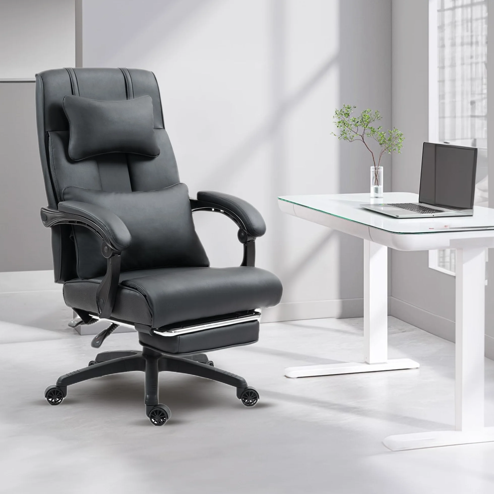 Dowinx Fotel szefa, ergonomiczny, z podnóżkiem, regulowany odcinek lędźwiowy i zagłówek, ergonomiczne krzesło biurowe, obrotowe, krzesło komputerowe z wysokim oparciem, krzesło biurowe 150 kg (czarny)
