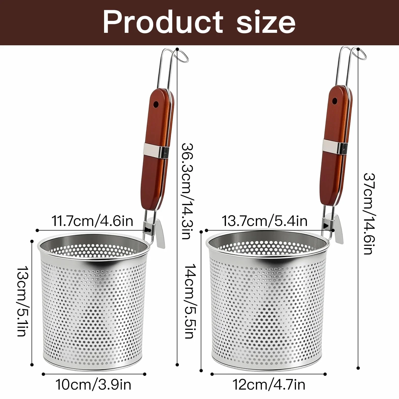 2 Szt. Kosz do Makaronu z Mikroperforacją, Sito do Ramen ze Stali Nierdzewnej, 14cm+12cm Sito do Gotowania z Drewnianą Rączką do Makaronu, Warzyw, Klusek, Żywności