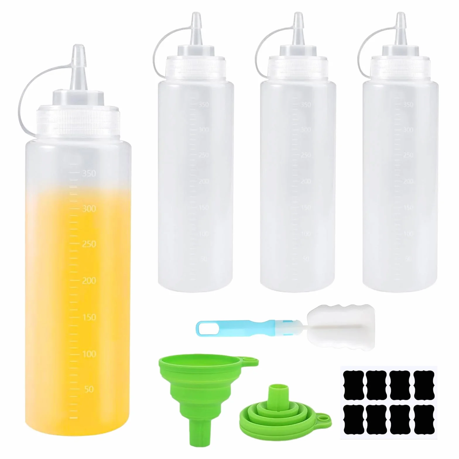 Butelka do wyciskania 360 ml, 4 butelki do wyciskania, butelki na sos z nakrętkami i lejkiem, butelka dozująca do ketchupu, gorących sosów, grilla, sosów sałatkowych, malowania, oliwy z oliwek