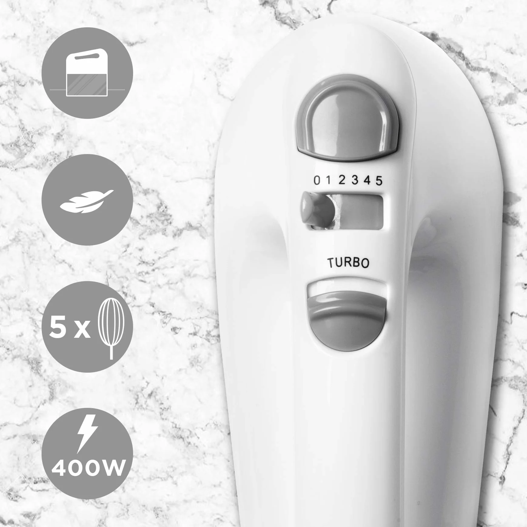 Duronic HM4 WE Mikser ręczny z pojemnikiem do przechowywania wierteł biały 400W | 5 prędkości i funkcja turbo | hak do wyrabiania ciasta, trzepaczka i mieszaki | lekki | łatwe przechowywanie