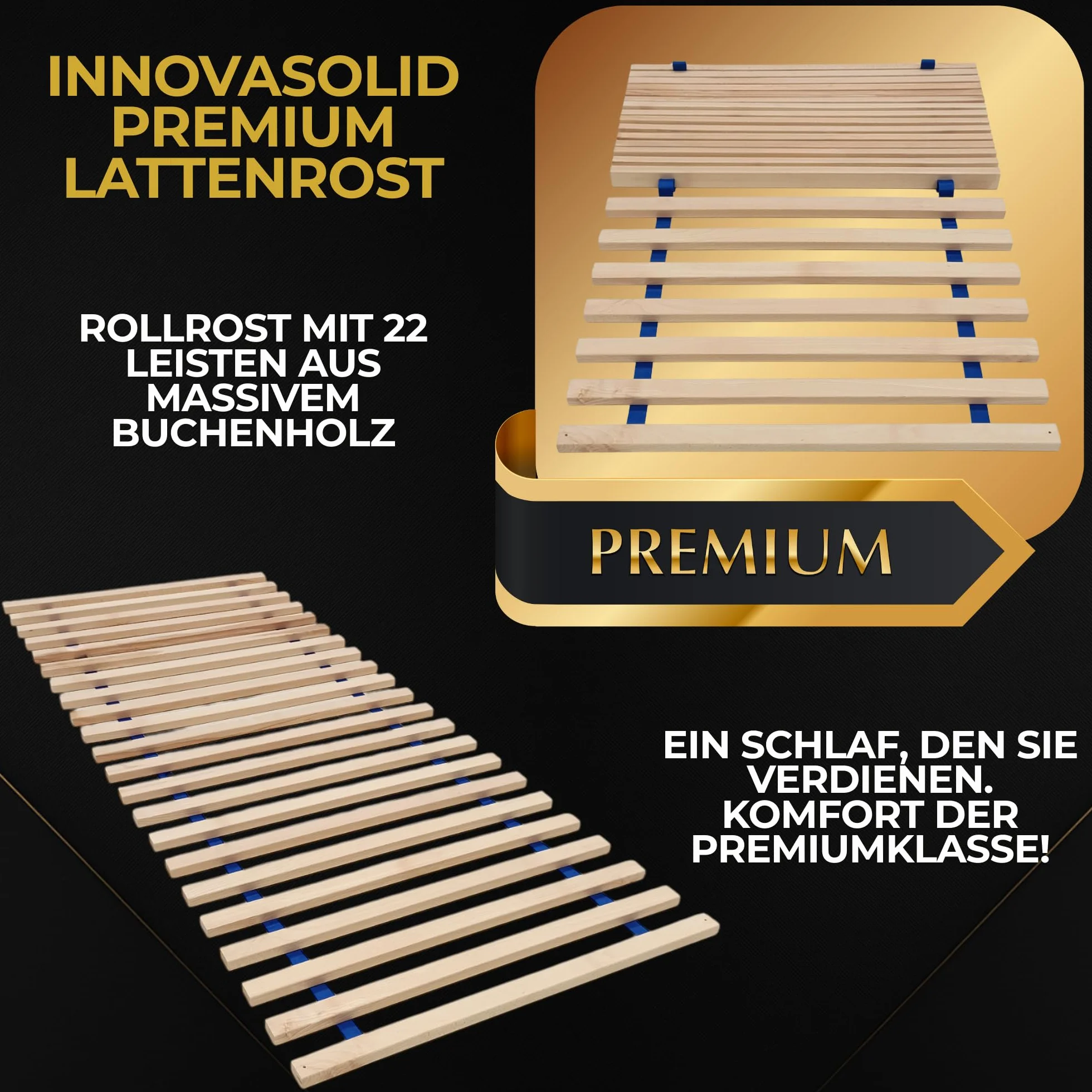 Rolowany Stelaż Listwowy 160x200 cm PREMIUM – 22 Listew z Litego Drewna Bukowego x2, Nośności do 170 kg na Stronę, Wytrzymały i Łatwy w Montażu, Wkręty w Zestawie