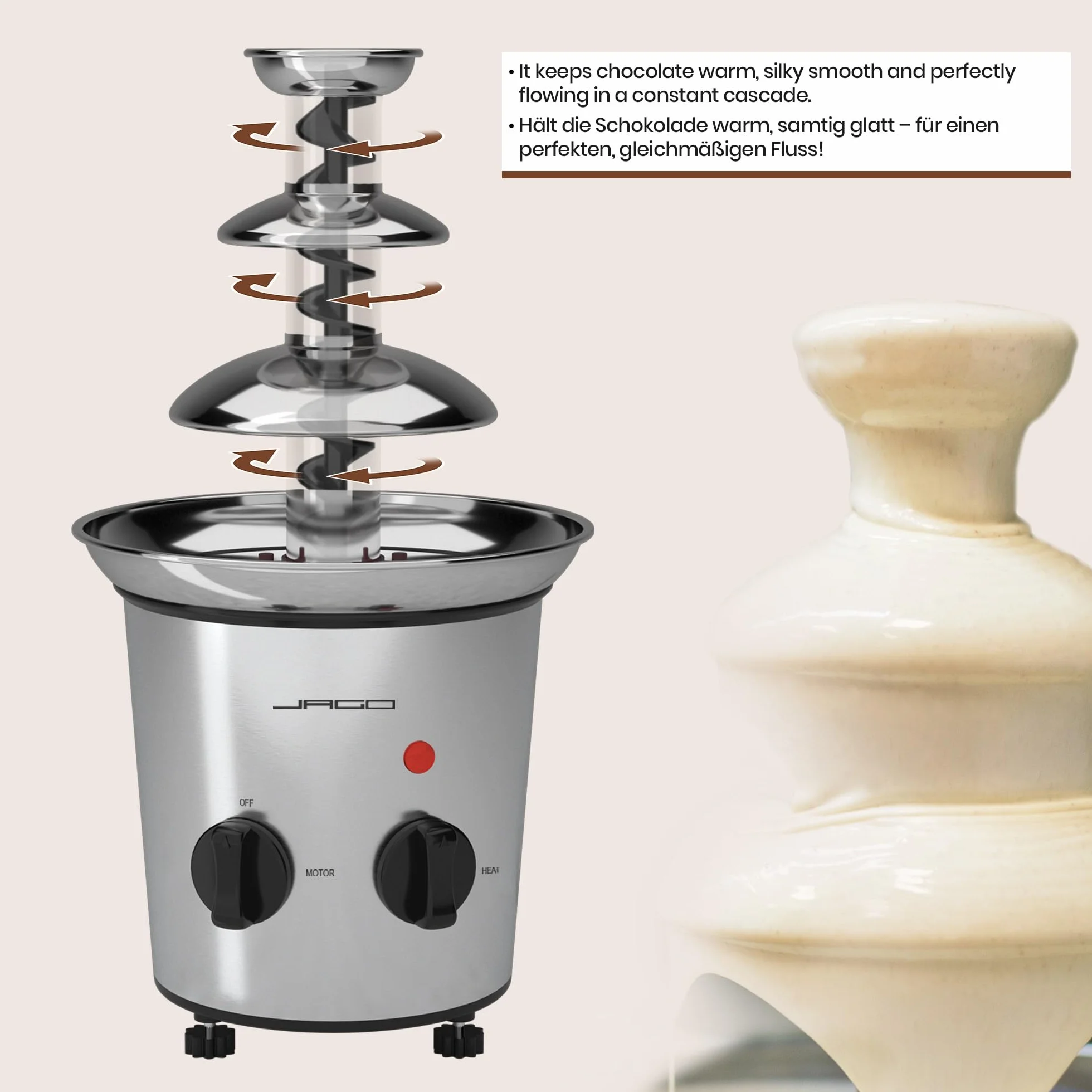 Jago® Fontanna czekoladowa 275 W – 3 poziomy, 1 kg, stal nierdzewna, zmywarka, srebrna – fondue, czekoladowe fondue