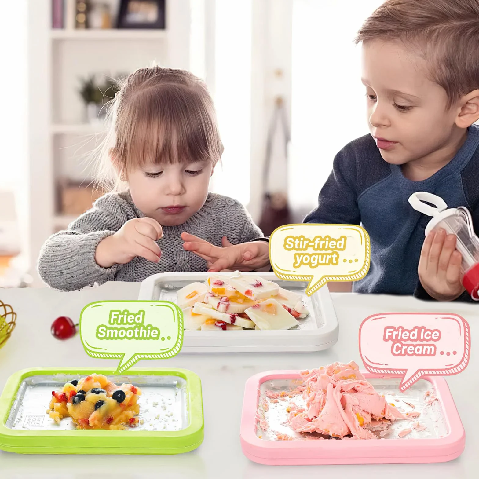 Maszyna do rolek lodowych ze stali nierdzewnej Ice Cream Machine, Płyta do robienia lodów z 2 szpatułkami (Biały, 1)