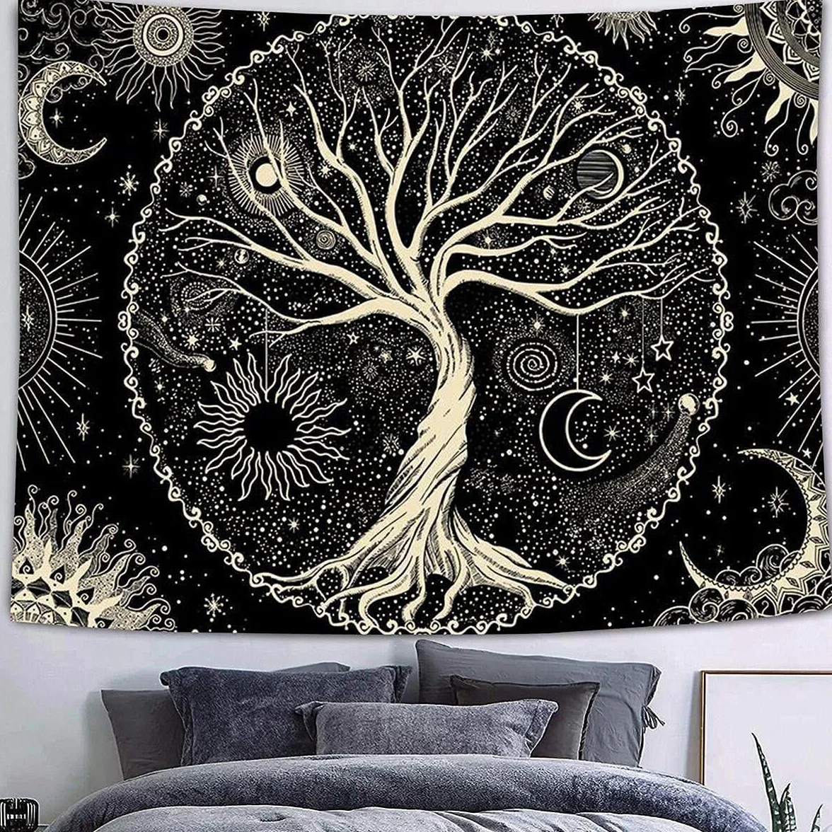 Arawat Tapestry Tree of Life Tapestry Black White Tapestry Moon Sun Tapestry Wall Decor Psychedelic Rug Gothic Tapestry Trippy Tapestry Wall Cloth Wall Hanging Wall Decor (150 x 130cm)