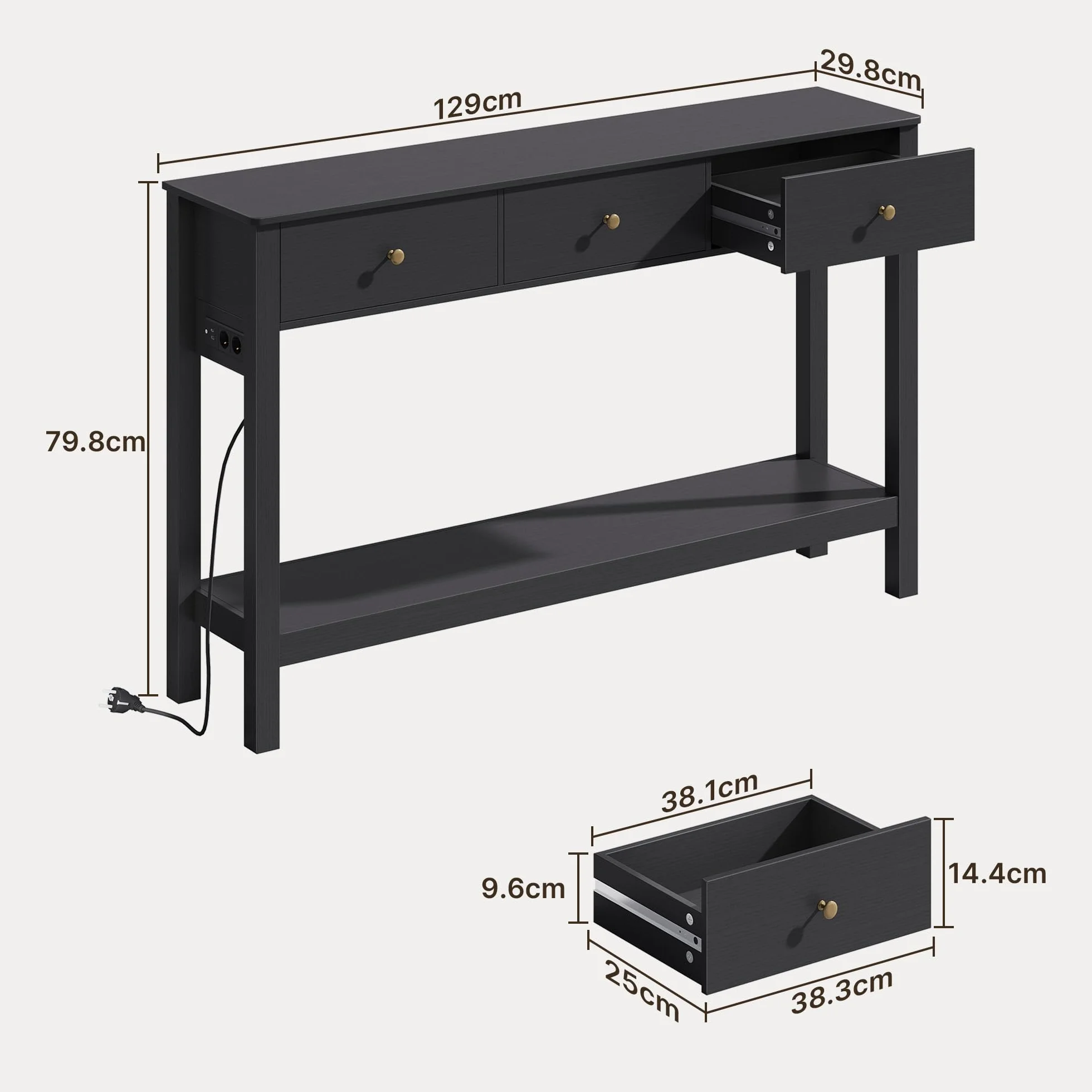 Xbro Wąska konsola z gniazdem elektrycznym, stolik do przedpokoju z 3 szufladami i półką, stolik konsolowy z portami USB, do przedpokoju, salonu i kuchni, 130 × 30 × 80 cm, Czarny