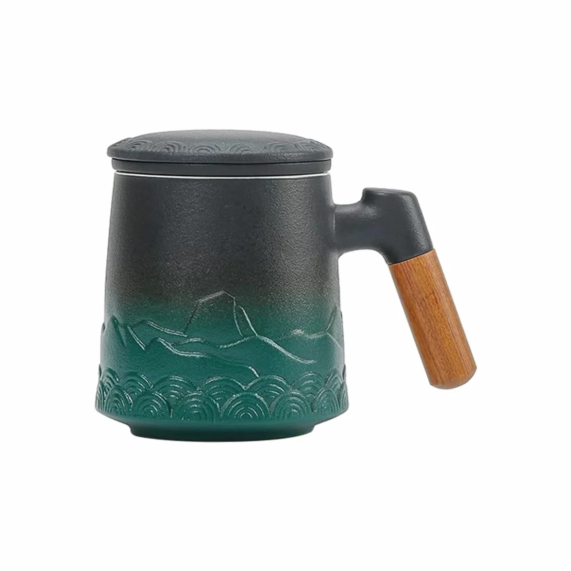 NUZAMAS Filiżanka do Herbaty z Zaparzaczem i Pokrywką 450 ml, Kubek do Kawy z Drewnianym Uchwytem, Ceramiczny