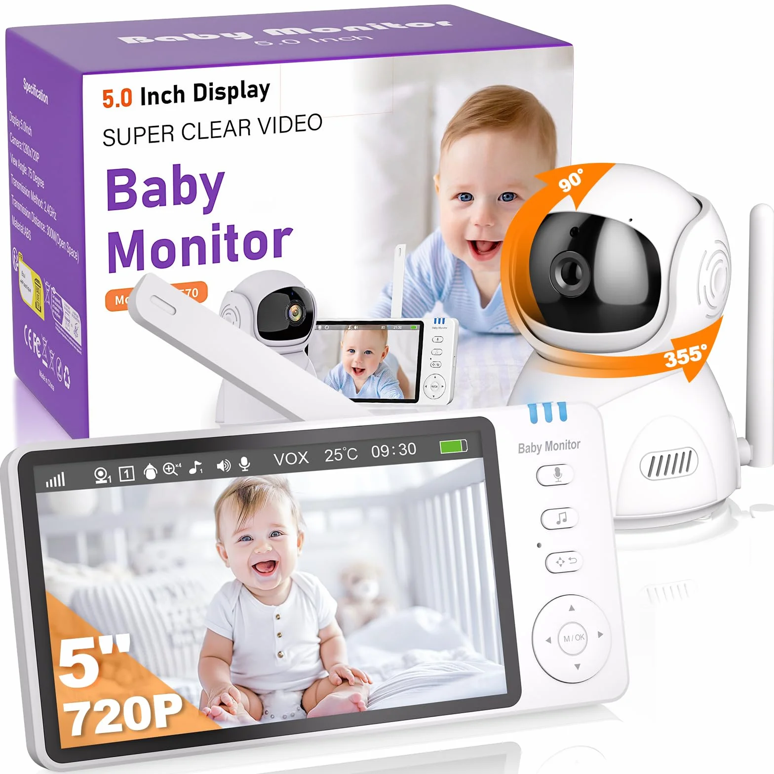 OBVHNUA Baby Monitor 5 sztuk Kamera dla niemowląt Ekran 720P HD Babyphone Wideo Baby Monitor z Pan-Tilt 2X-4X Zoom Wizja nocna VOX Intercom 8 Kołysanek 5 Budzik Temperatura Czas