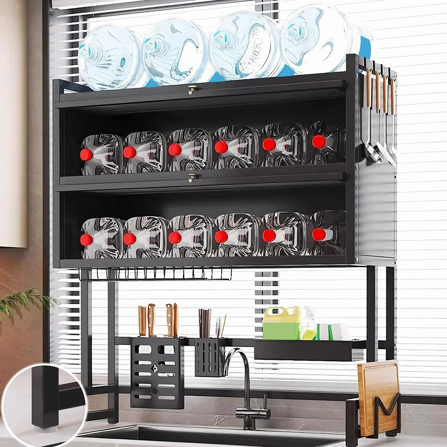 3 Poziomy Suszarka do Naczyń do Zlewu z Akrylowymi Drzwiczkami i Przyssawkami Duża Ociekacz do Naczyń Stal Węglowa Organizer do Zlewu Kuchennego(Black,75 * 28 * 102cm)