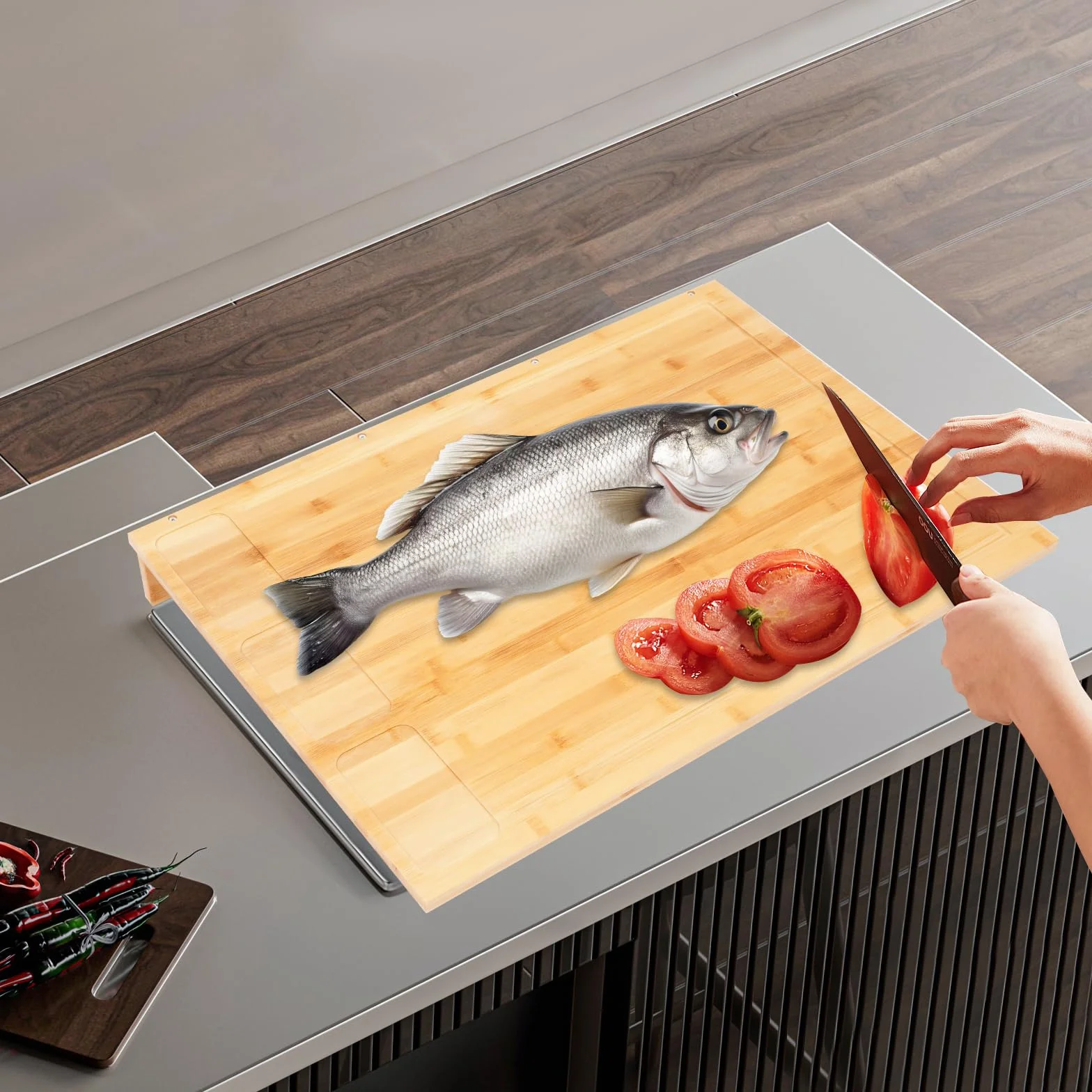 Bambusowa osłona na kuchenkę, bambusowa osłona płyty do pieczenia z rowkami i 4 wielofunkcyjnymi nóżkami podstawowymi Duża deska do krojenia 75 x 54 x 10 cm