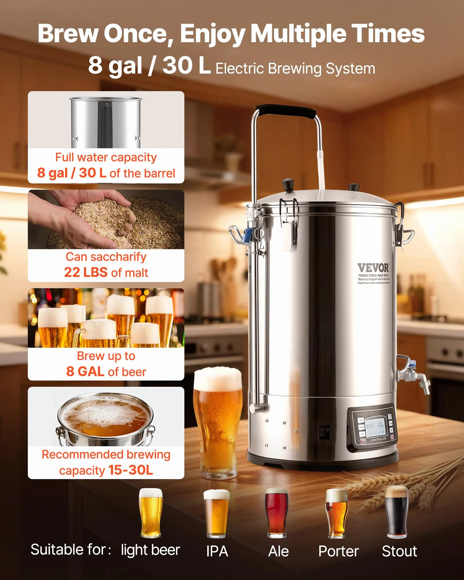 Vevor Electric Brewing System 8 Gal Home Beer Brewer Auto/Manual Garnek do Produkcji Piwa, Srebrny, 35 litrów