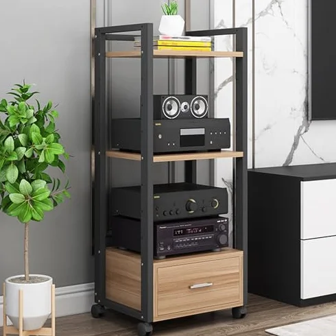 4-Poziomowa Szafka Na Sprzęt Audio Z Kółkami I Szufladami, Regulowana Szafka Na Sprzęt Multimedialny, Gramofon, Konsolę Do Gier, Odtwarzacz Dvd, Projektor – Metal I Drewno