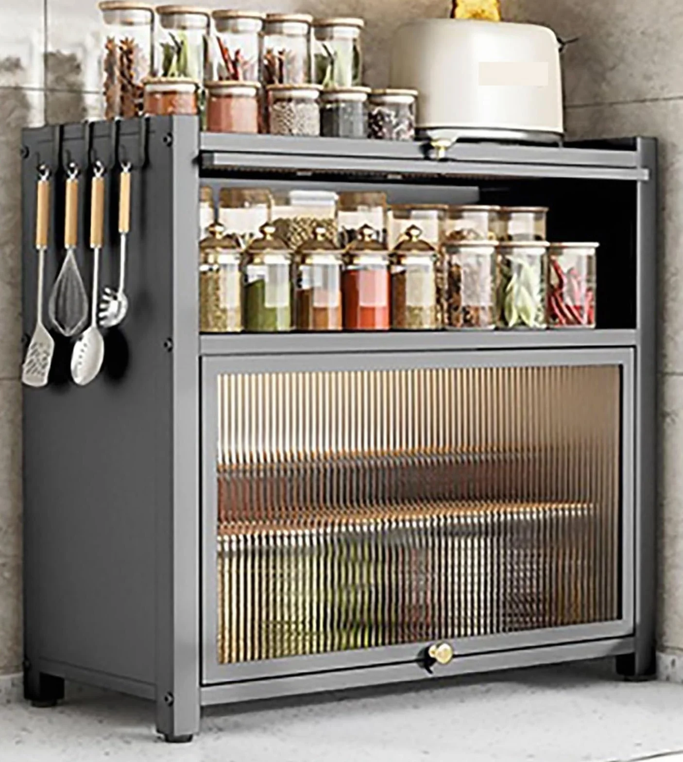 Wielopoziomowy stojak na naczynia i organizer na przyprawy, trwały metalowy organizer do szafki kuchennej, pyłoszczelny, z drzwiami, na miski i talerze, dom, U (czarny, 3 poziomy 50 cm)
