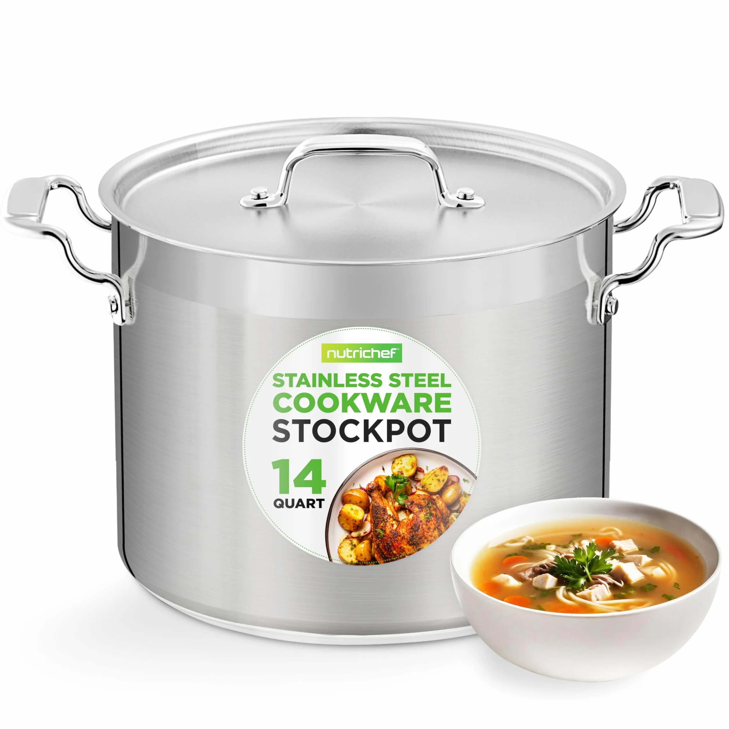 NutriChef Garnek ze stali nierdzewnej z pokrywką, duże garnki 13 l, na gulasz, zupę, makaron, gotowość do mięsa, gotowość indukcyjna, duży garnek do gotowania z ergonomicznymi uchwytami