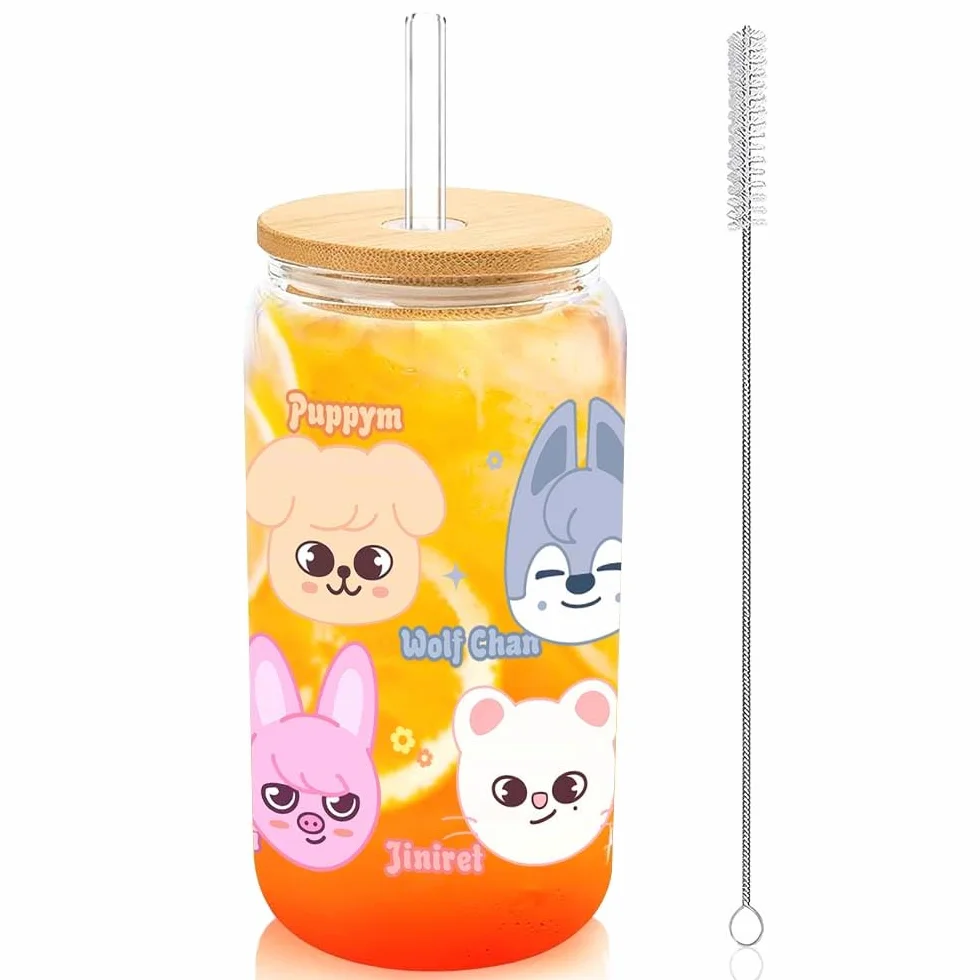 Szklane słoiki z pokrywką i słomką, Skzoo 500 ml, słoiki Stray na herbatę bubble tea, mrożoną kawę, smoothie, zimną herbatę, koktajle, Kpop Merch, prezenty dla fanów Stay