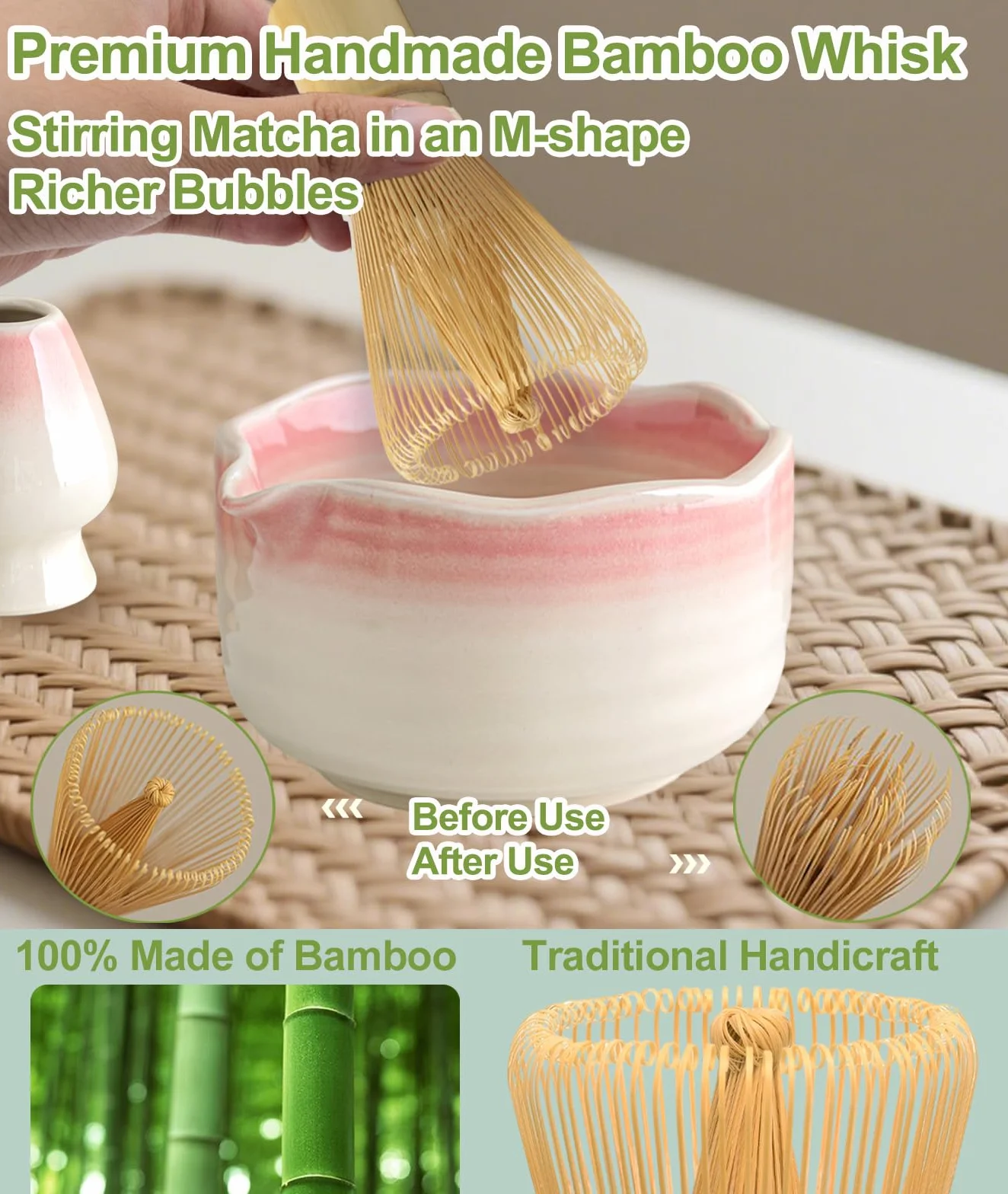 JBER Zestaw do matcha 7-Częściowy - Miotła Bambusowa do matchy, Ceramiczna miseczka z nalewką, Sitko do matchy - Kompletny zestaw do herbaty matcha, Różowy Gradient
