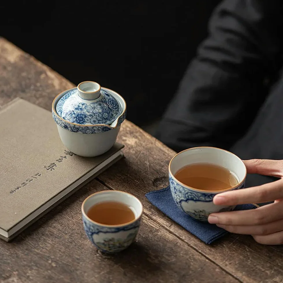 Dzbanek z prezentami Podróżny zestaw do herbaty Kwiaty ceramiczne Zestawy do herbaty Zestaw do herbaty Herbata Kung Fu Porcelana Gaiwan Filiżanka Miska Ceremonia parzenia herbaty(Travel Teaware Set)