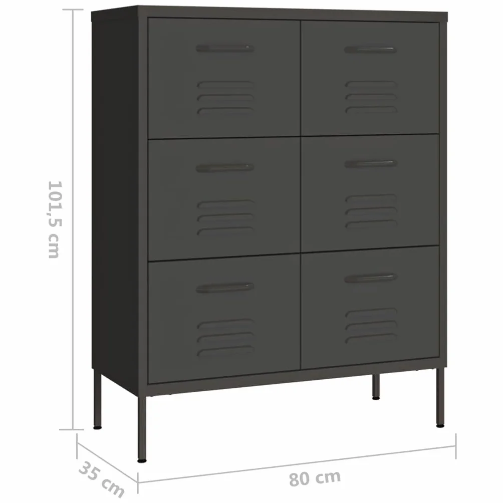 Antracyt stalowa komoda z 6 szufladami, 80 x 35 x 101,5 cm, szafka do przechowywania i biura, prowadnice kulkowe, pełne wyciąganie, stabilna i wytrzymała, nośność 20