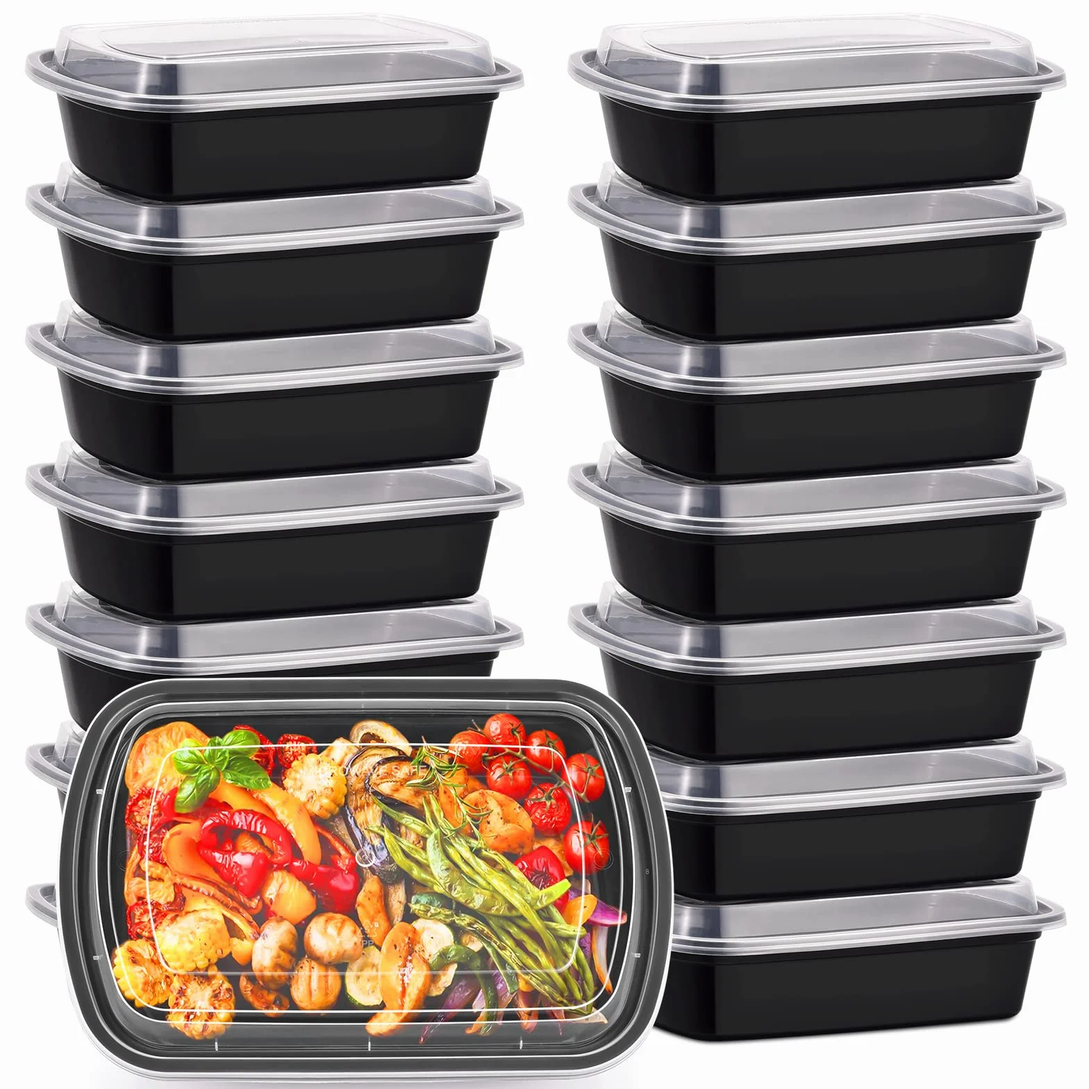 Kitch'nMore Plastikowe pojemniki do przygotowywania posiłków z pokrywkami, jednokomorowe pudełka na żywność z przezroczystymi, szczelnymi pokrywkami, kuchenka mikrofalowa, zamrażarka, nadaje się do zmywarki, zestaw pojemników do przechowywania bez BPA, 30