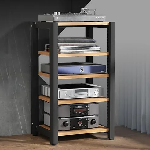 Stojak audio do gier, stojak stereo i półka odtwarzacza płyt muzycznych, konsola multimedialna AV z drewnianymi półkami, szafka na płyty CD/DVD, do projektorów, PS5, Xbox, kina domowego
