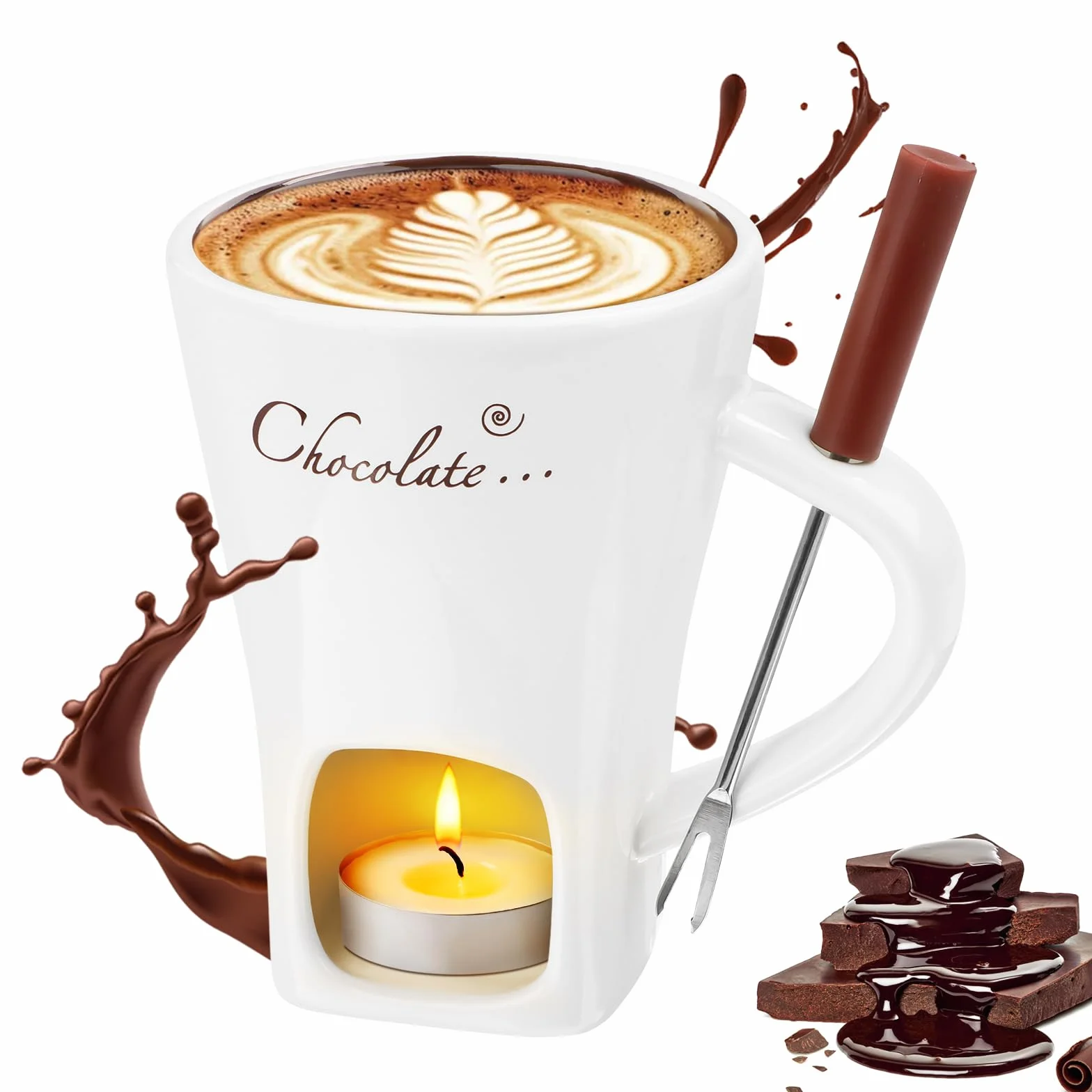 Wvu & Wvo 200 ml ceramiczny zestaw do fondue czekoladowego, kubek do topienia czekolady, fondue, widelec i podgrzewacz, do sera, czekolady, masła, karmelu