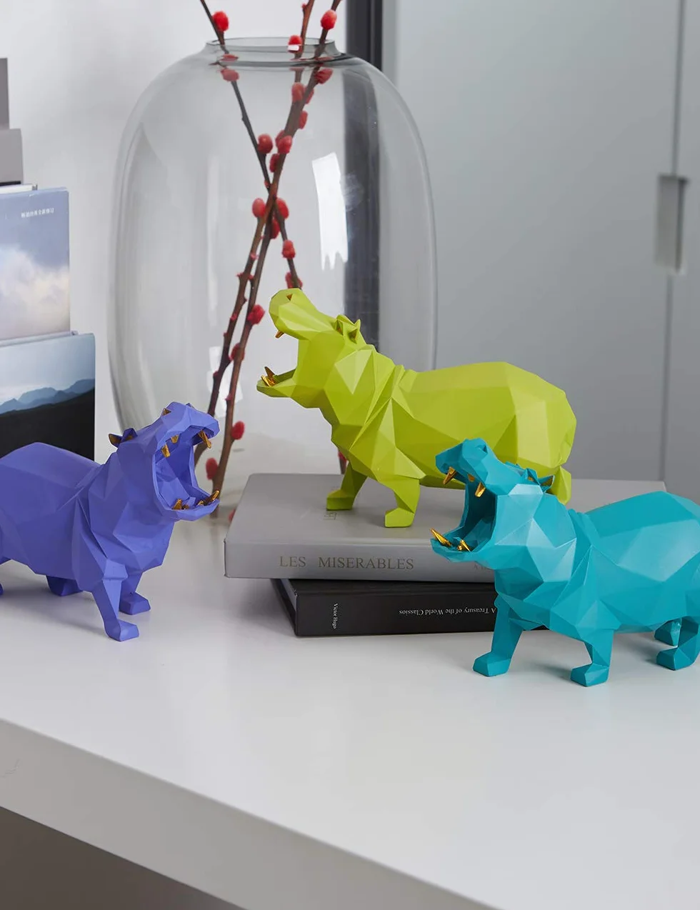 Amoy-Art Hippo Prezenty Sztuka Rzeźba Zwierzę Wystrój Nowoczesna Figurka Domowa Statua Stół Centralny Rzemiosło Polyresin Ornament Niebieski 18 cm